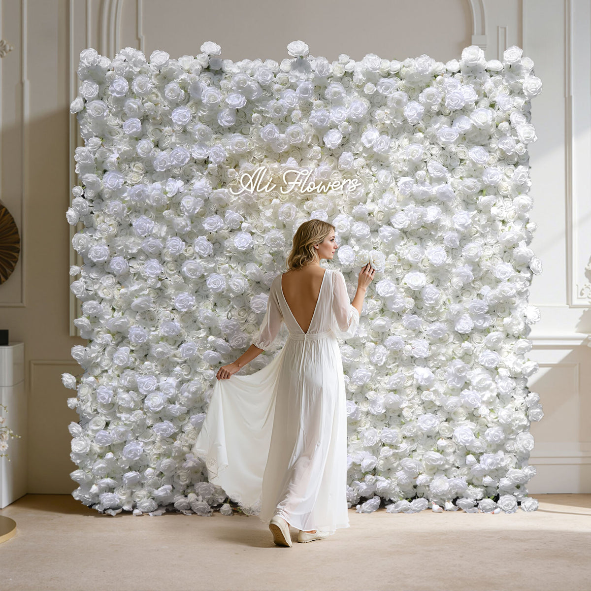 Aliflowers 5D White Rose & Hydrangea Rolling Curtain Flower Wall Backdrop ALFWL130 - Ali Flowers