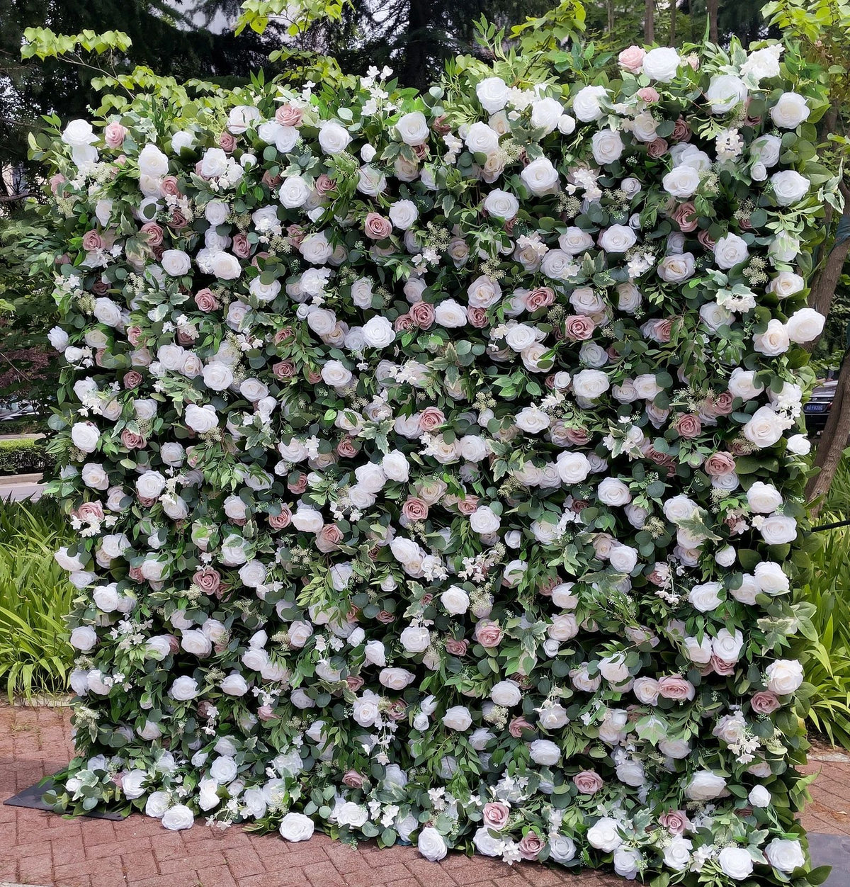 Ali Flowers Artificial Silk White Blush Rose Green Leaves Flower Wall Backdrop for Wedding Decor ALFWL014 - Ali Flowers