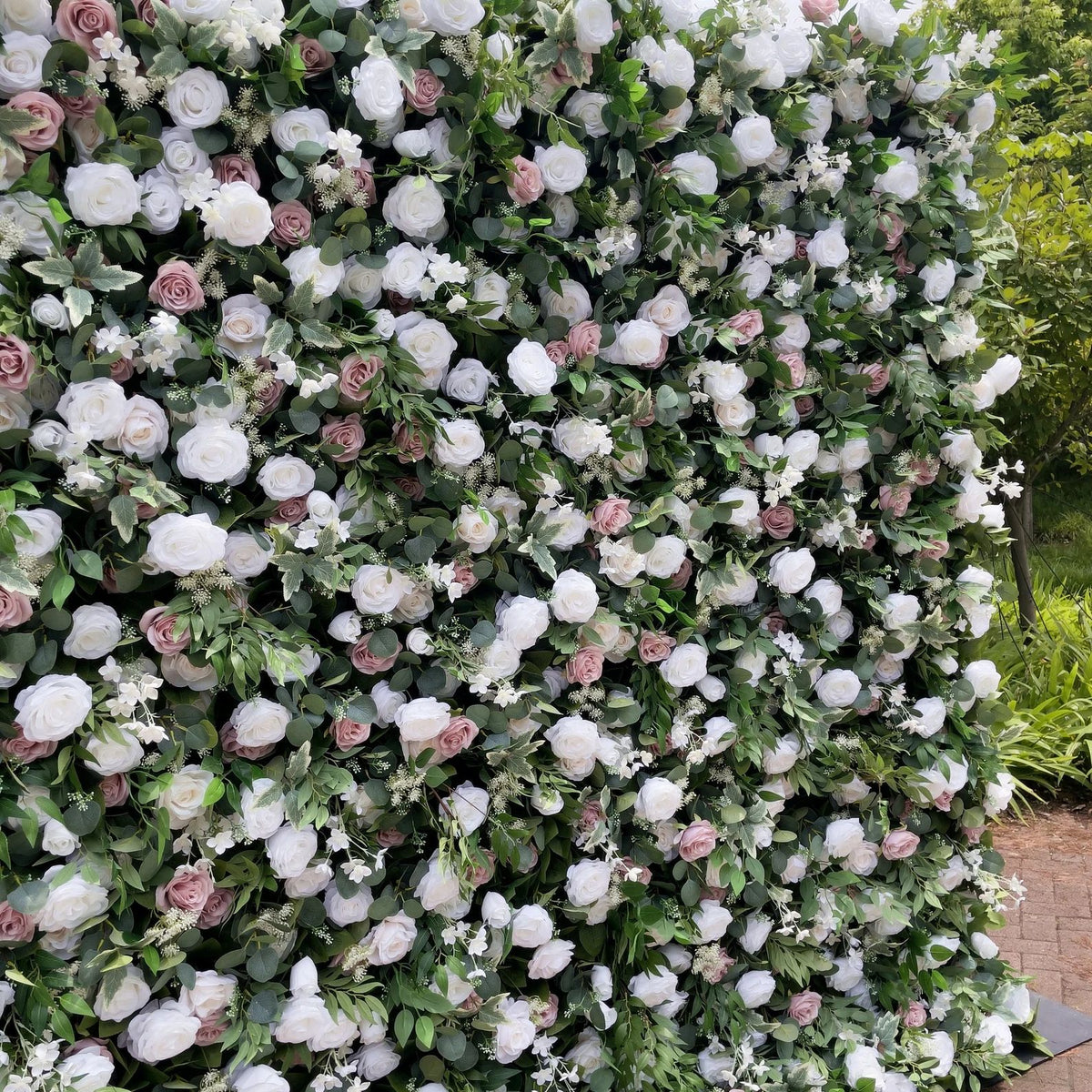 Ali Flowers Artificial Silk White Blush Rose Green Leaves Flower Wall Backdrop for Wedding Decor ALFWL014 - Ali Flowers