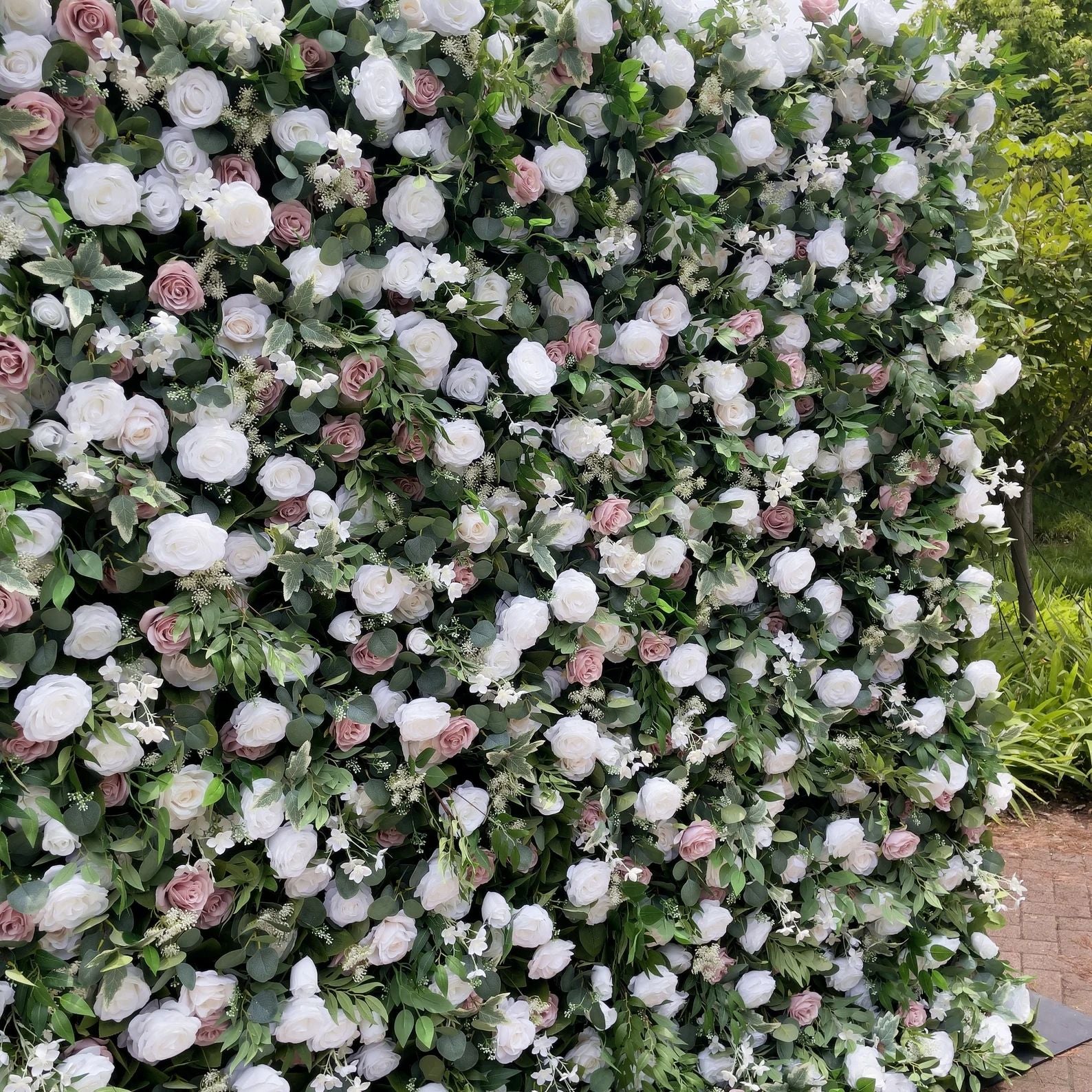 Ali Flowers Artificial Silk White Blush Rose Green Leaves Flower Wall Backdrop for Wedding Decor ALFWL014 - Ali Flowers