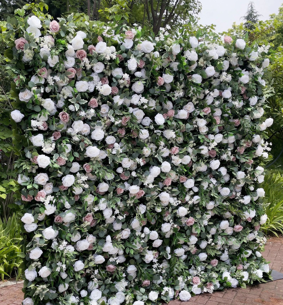 Ali Flowers Artificial Silk White Blush Rose Green Leaves Flower Wall Backdrop for Wedding Decor ALFWL014 - Ali Flowers