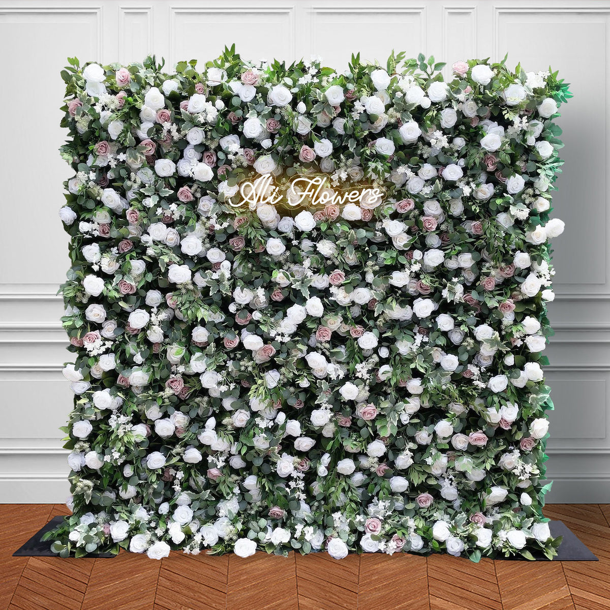 Ali Flowers Artificial Silk White Blush Rose Green Leaves Flower Wall Backdrop for Wedding Decor ALFWL014 - Ali Flowers