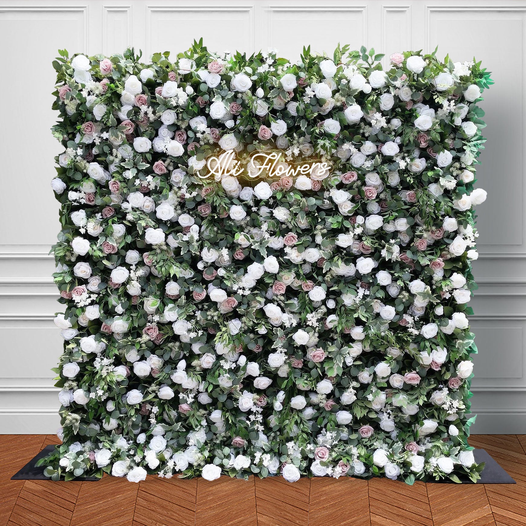 Ali Flowers Artificial Silk White Blush Rose Green Leaves Flower Wall Backdrop for Wedding Decor ALFWL014 - Ali Flowers