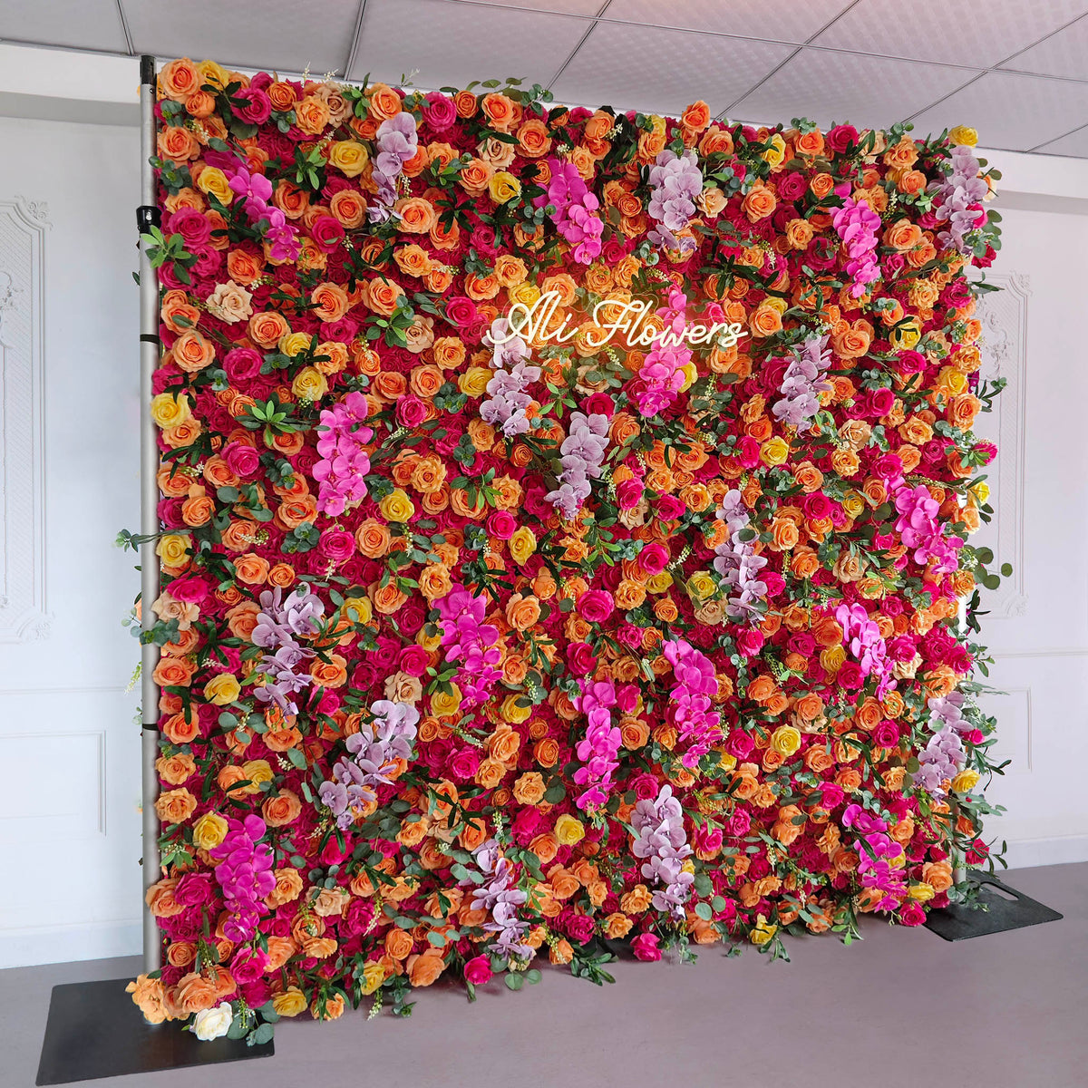 Aliflowers 3D Orange Red Rose & Orchid Flower Wall Backdrop for Wedding Party Decor