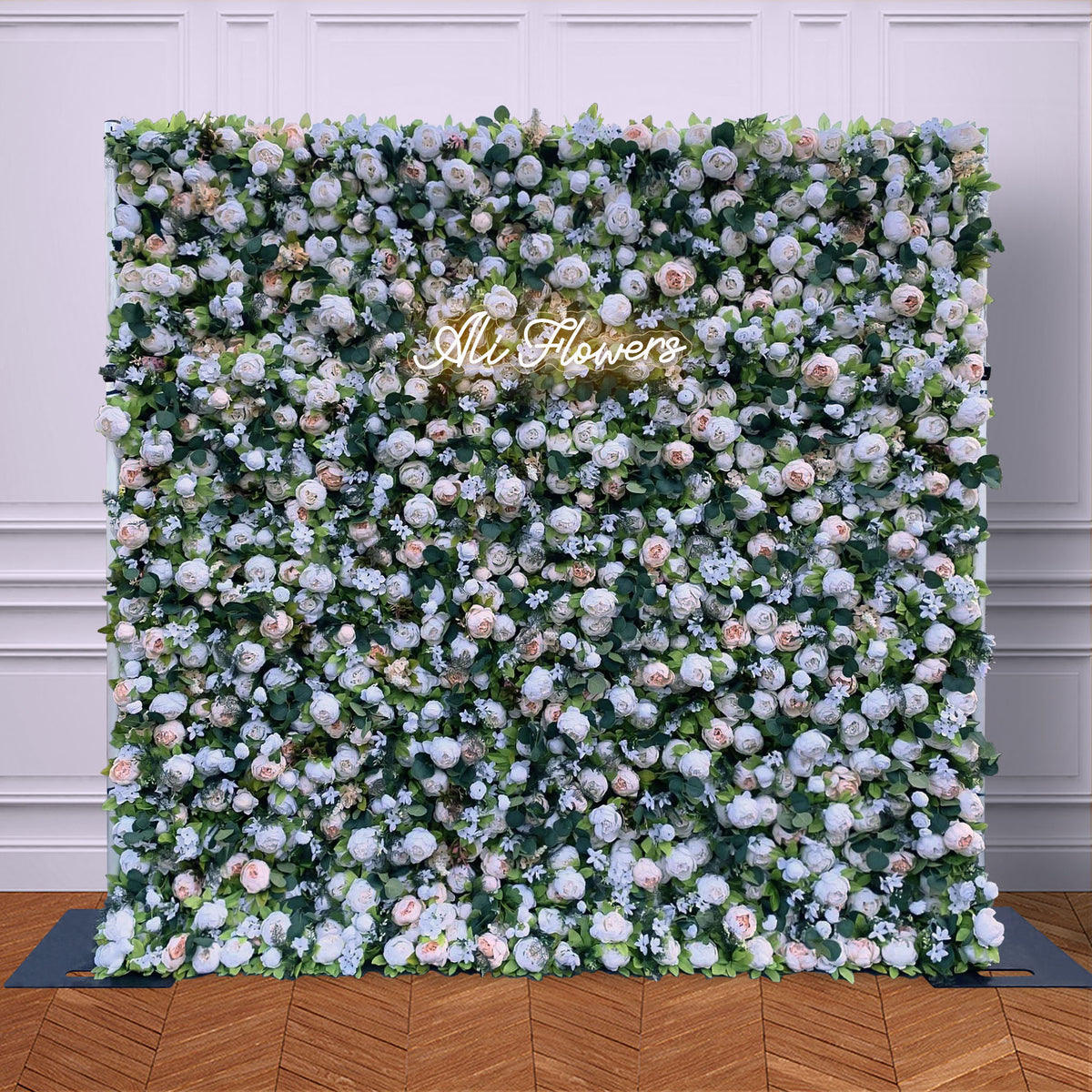 Ali Flowers Luxury White Rose Silk Leaves Flower Wall Artificial 3D Flower Wall Backdrop Roll Up Cloth ALFWL010 - Ali Flowers