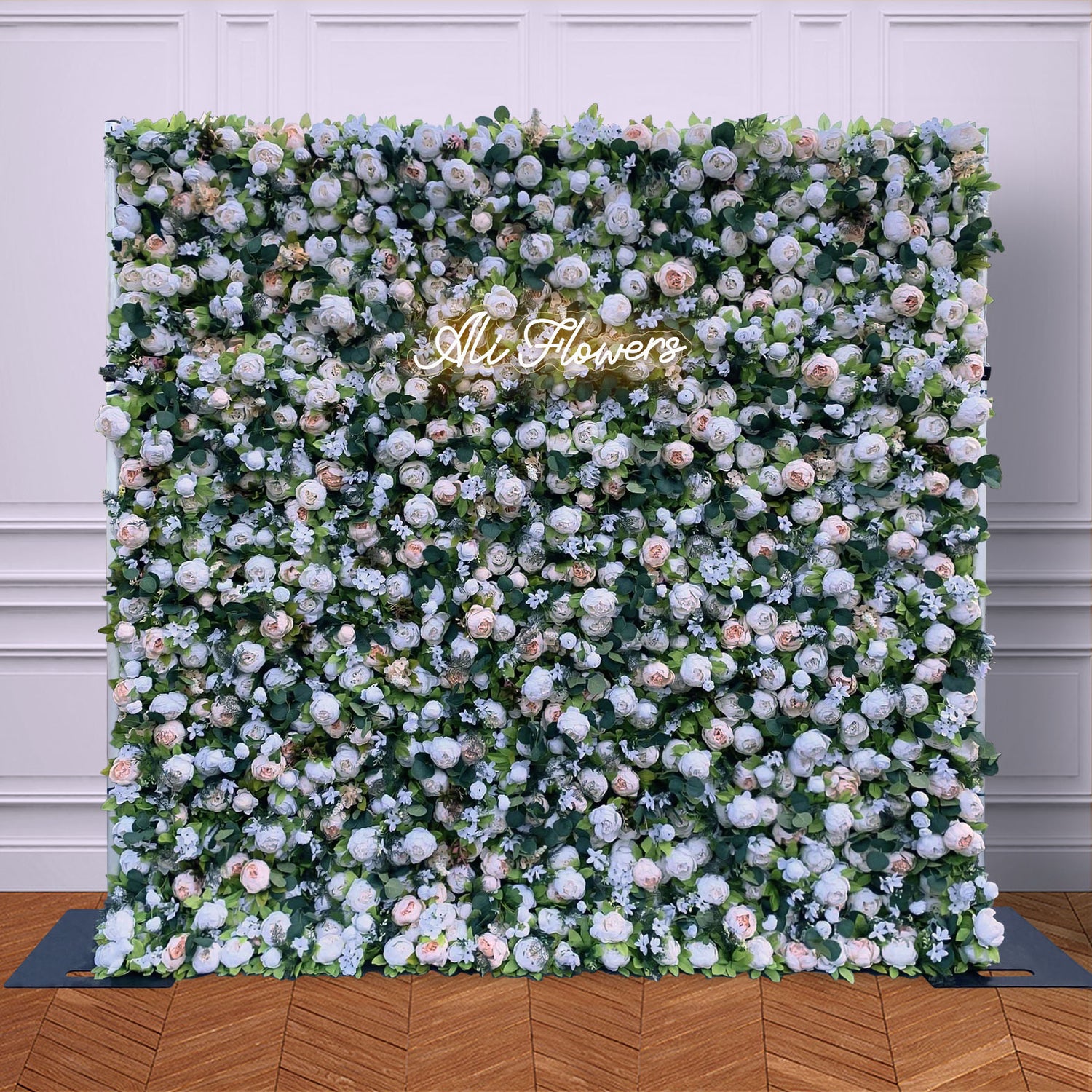 Ali Flowers Luxury White Rose Silk Leaves Flower Wall Artificial 3D Flower Wall Backdrop Roll Up Cloth ALFWL010 - Ali Flowers