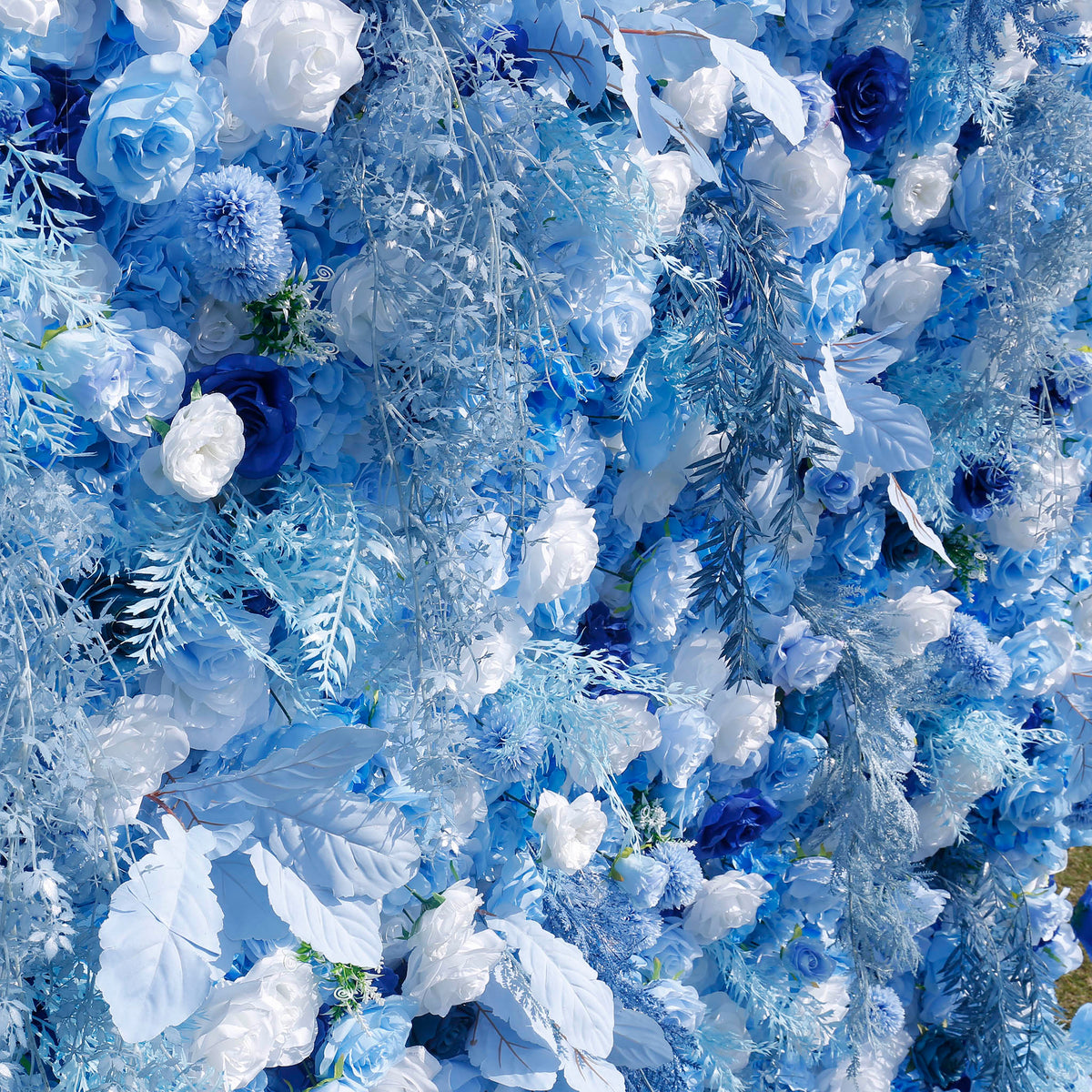 Blue Flowers with White Mist Grass 5D Artificial Floral Wall for Wedding ALFWL034 - Ali Flowers