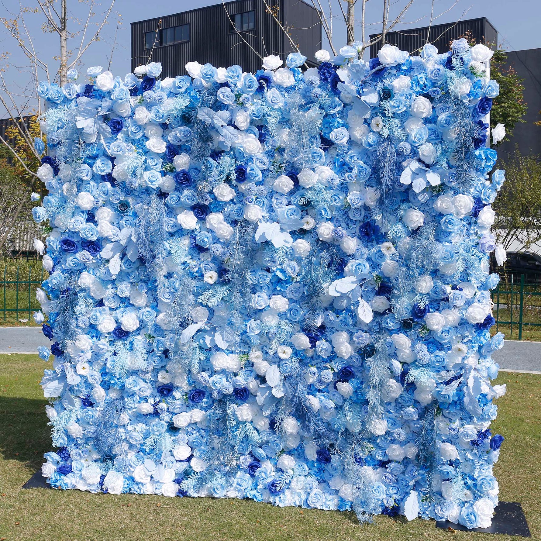 Blue Flowers with White Mist Grass 5D Artificial Floral Wall for Wedding ALFWL034 - Ali Flowers