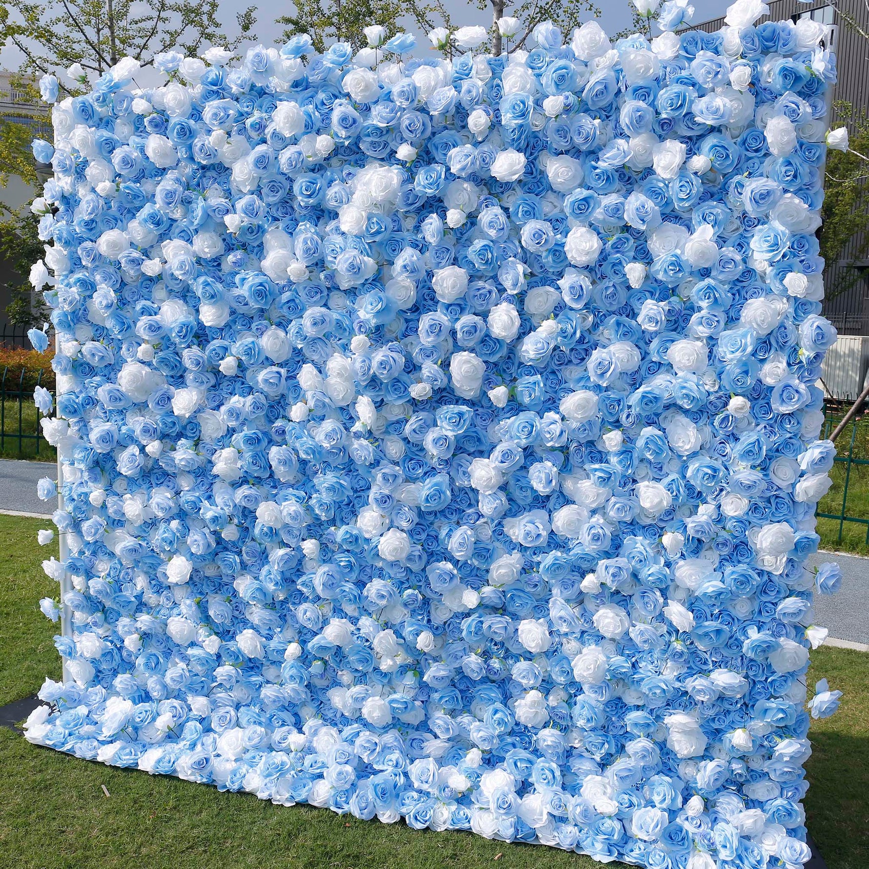 Aliflowers 5D Sky Blue with White Rose Roll Up Flower Wall Curtain Event Party Wedding Backdrop Decor ALFWL035 - Ali Flowers