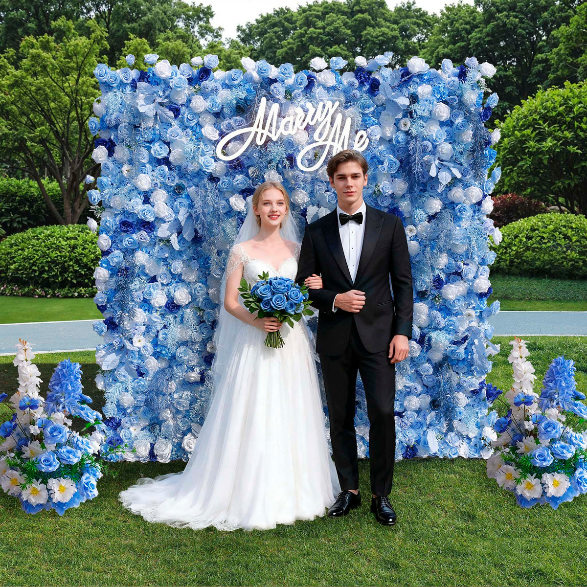 Blue Flowers with White Mist Grass 5D Artificial Floral Wall for Wedding ALFWL034 - Ali Flowers