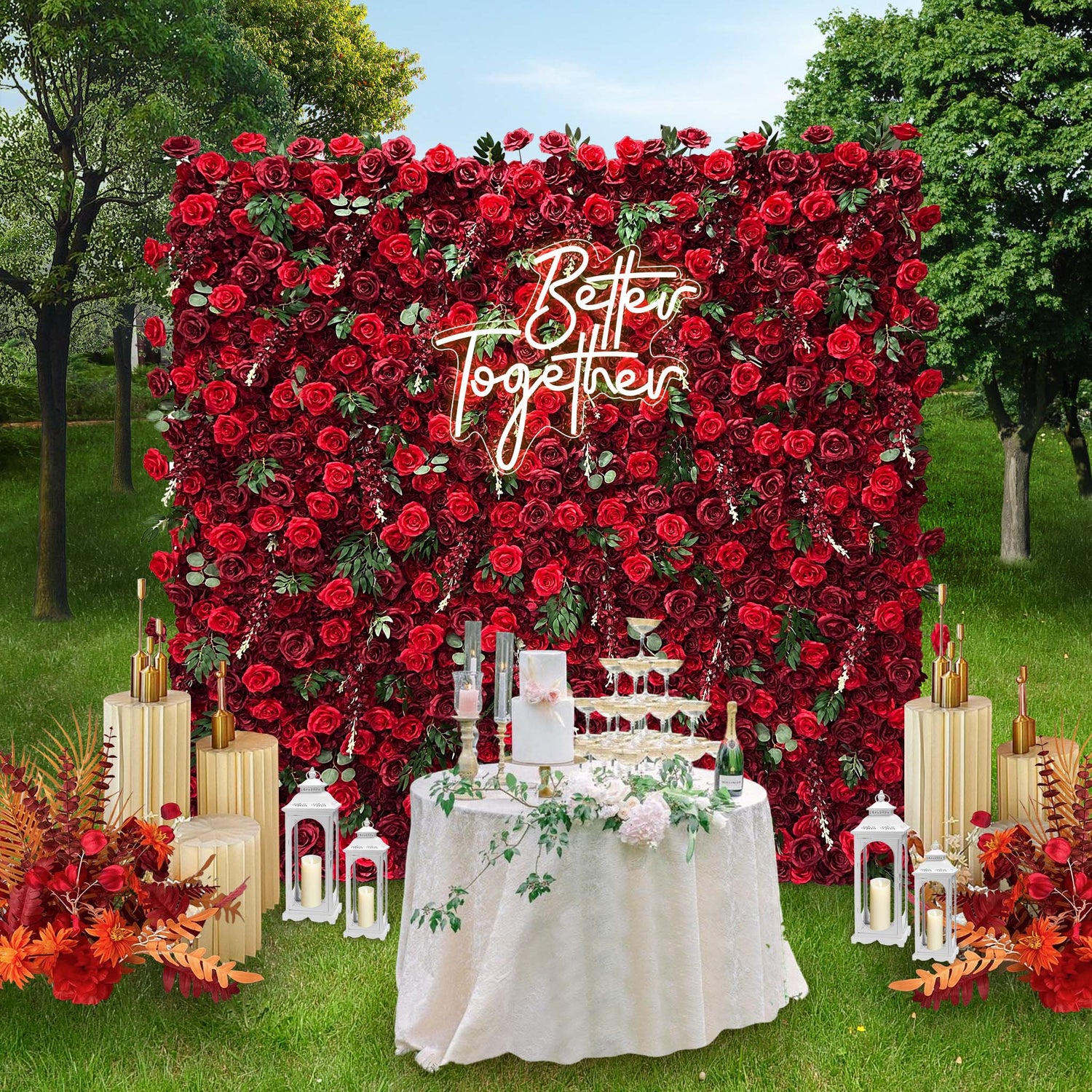 Aliflowers 5D Burgundy Mixed with Red Rose with Leaves Flower Wall for Wedding ALFWL030 - Ali Flowers