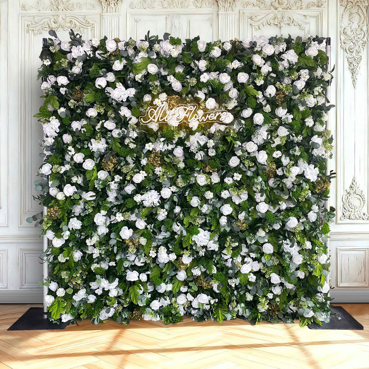 Aliflowers 5D White Rose & Green Leaf Artificial Curtain Flower Wall for Event & Party Backdrop ALFWL185