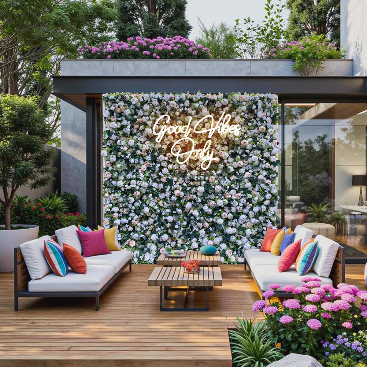 Ali Flowers Artificial Silk White Blush Rose Green Leaves Flower Wall Backdrop for Wedding Decor ALFWL014 - Ali Flowers