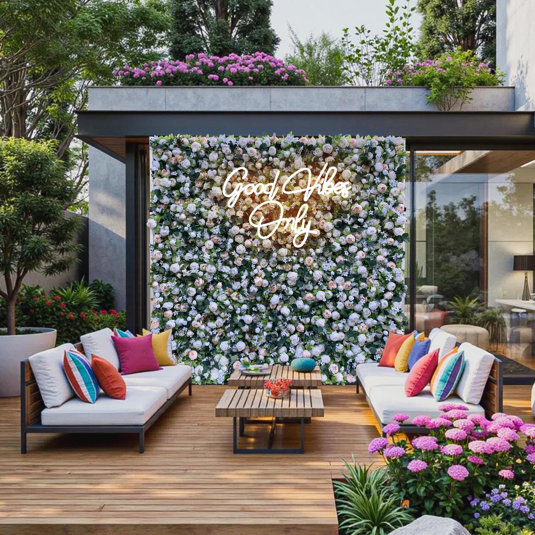 Ali Flowers Artificial Silk White Blush Rose Green Leaves Flower Wall Backdrop for Wedding Decor ALFWL014 - Ali Flowers