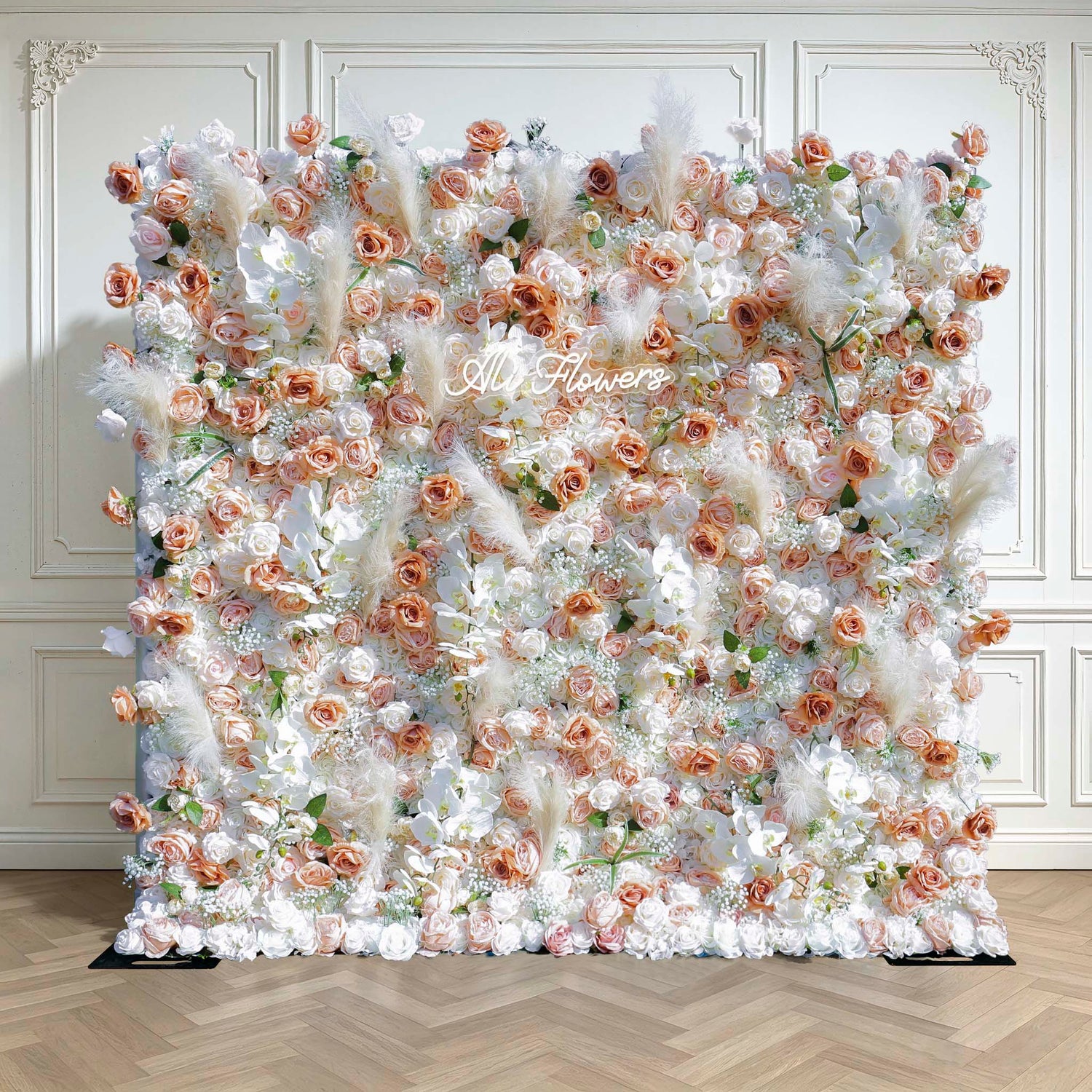 Aliflowers 5D Champagne Rose with Pampas grass Fabric Artificial Flower Wall ALFWL038