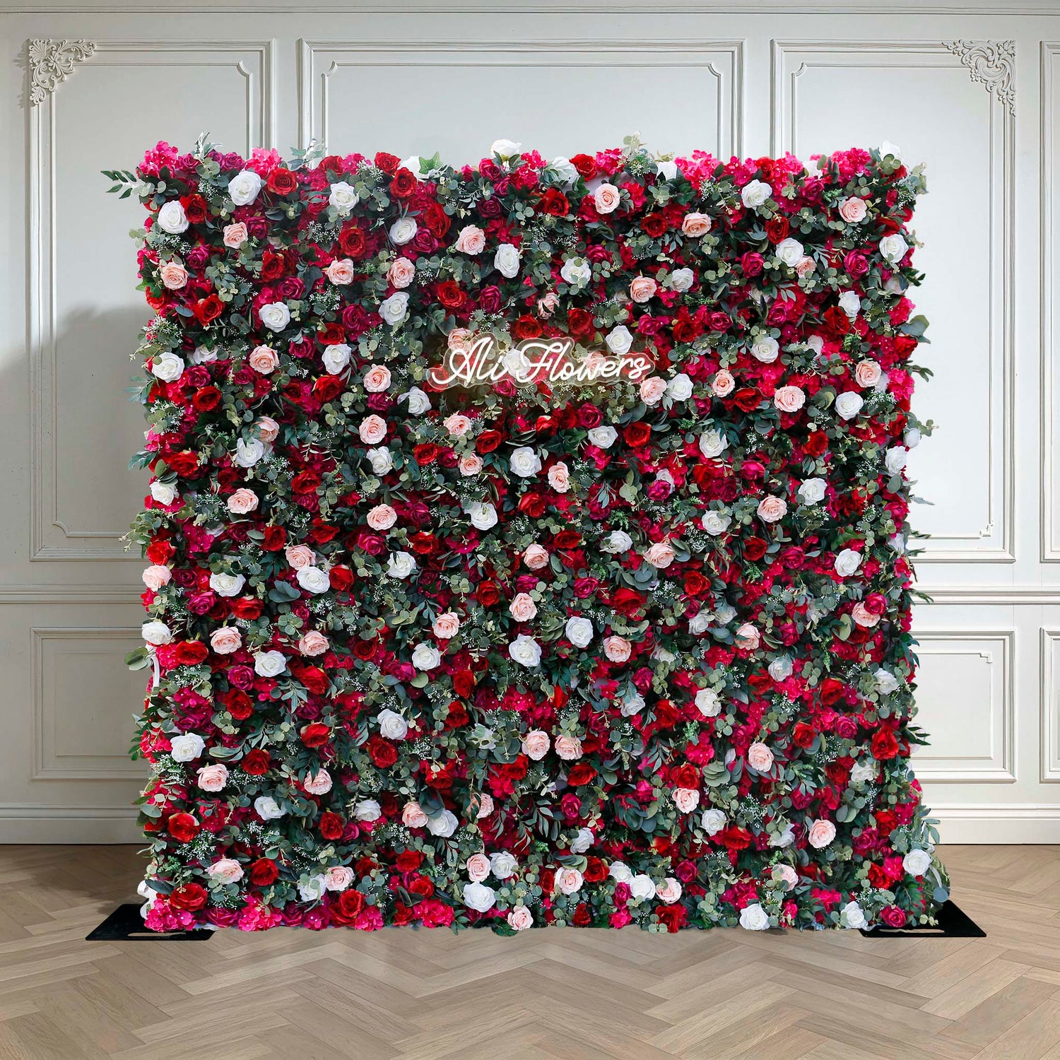 Aliflowers 3D Red Pink Rose with Leaves Floral Wall Prop for Wedding Party ALFWL046