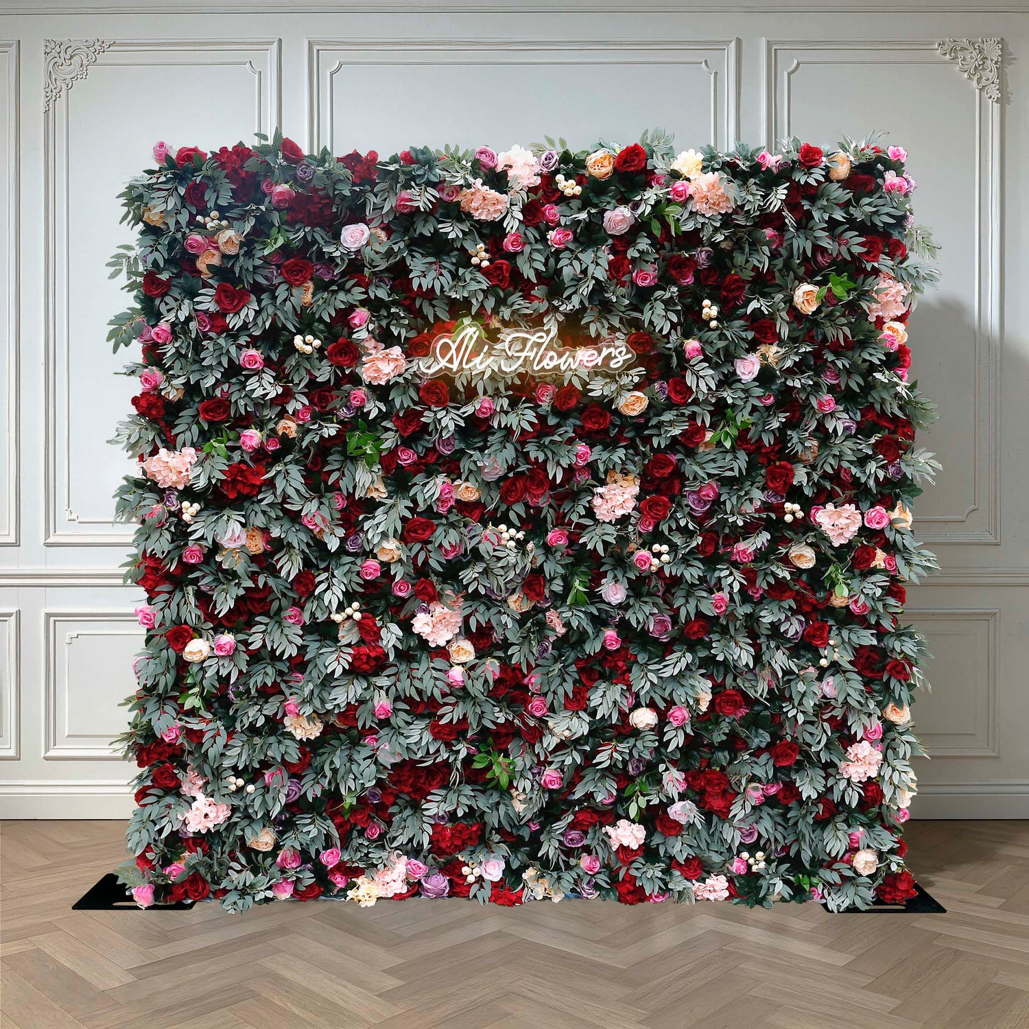 Aliflowers Red Rose with Green Plant Wedding Fabric Flower Wall ALFWL062