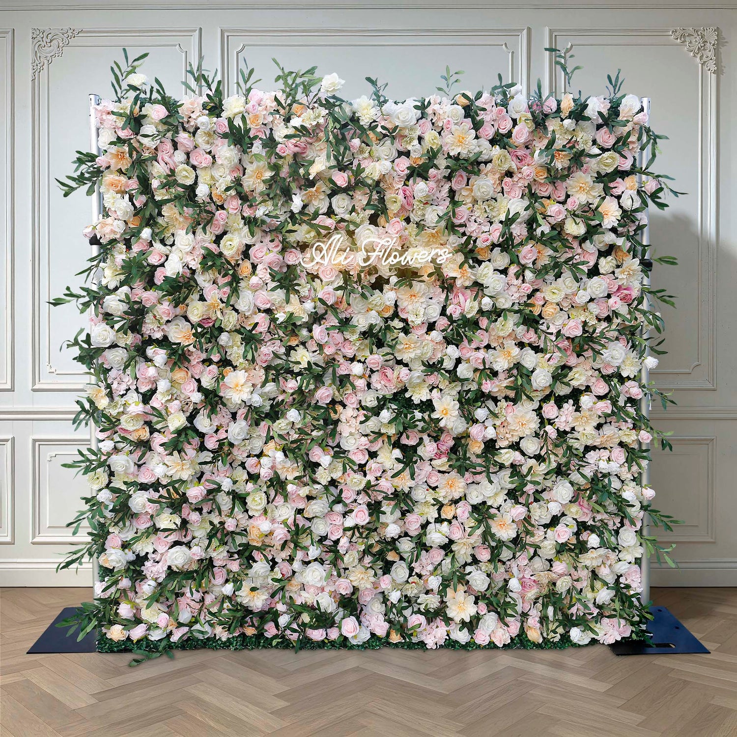 Aliflowers Wedding Backdrop Decor Green Leaves Pink Rose Fabric Cloth Flower Wall ALFWL083