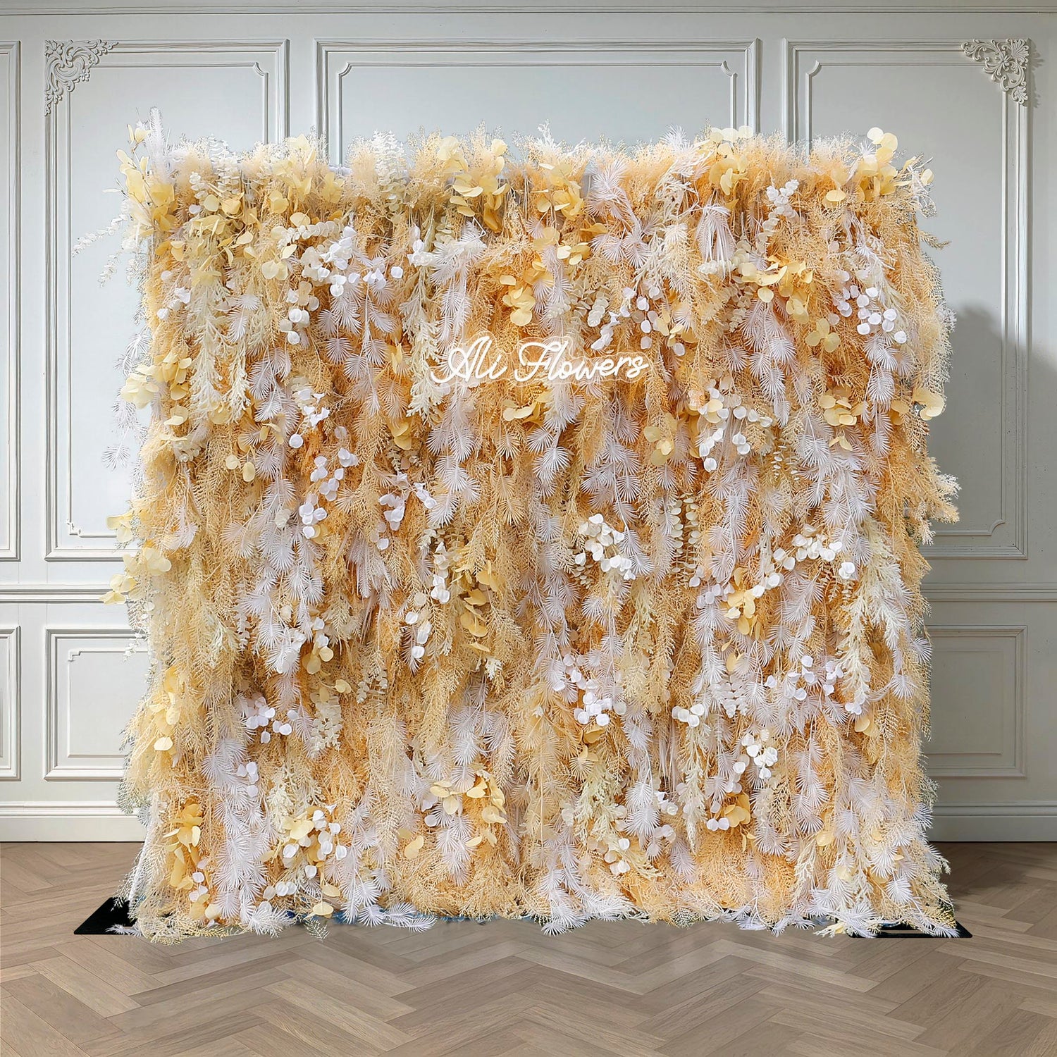 Aliflowers Artificial Handmade Dried Yellow Pampas Grass Wall for Event Party Wedding Backdrop Decor Prop ALFWL129