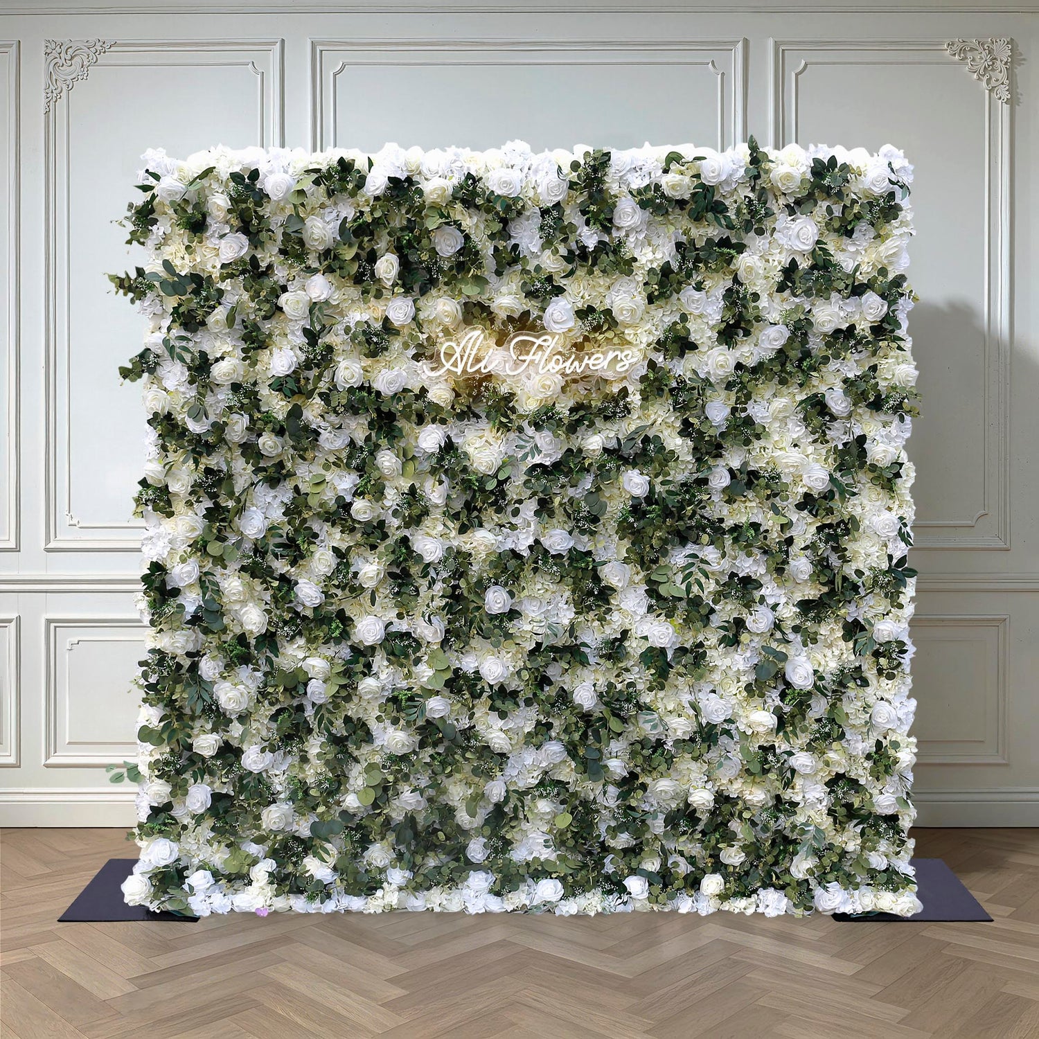 Aliflowers Cream Rose with Green Leaves Wall of Flower Wedding Backdrop ALFWL138