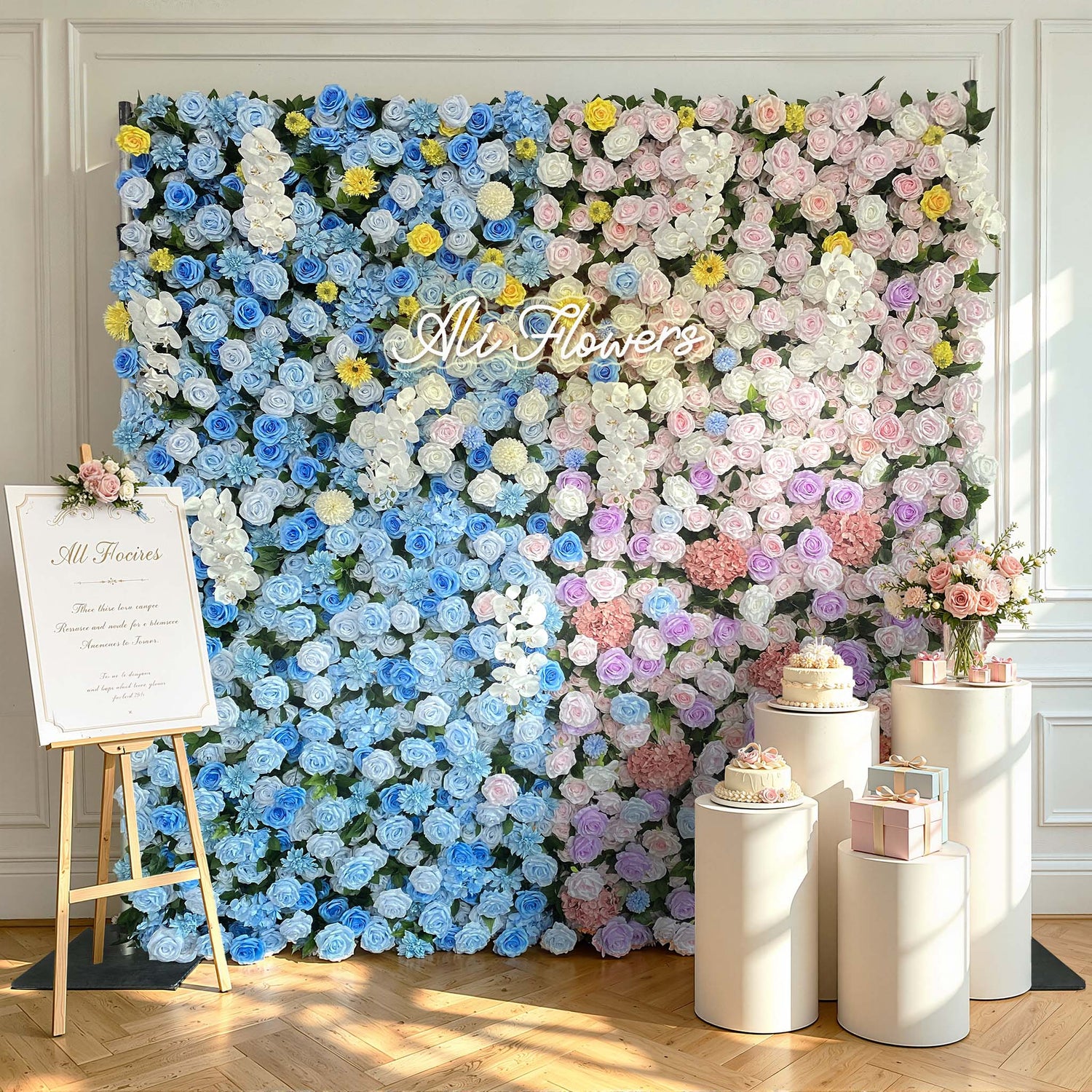 Aliflowers 5D Blue And Pink Rose And Hydrangea Floral Wall Backdrop, Suitable for Wedding Decoration ALFWL199 - Ali Flowers