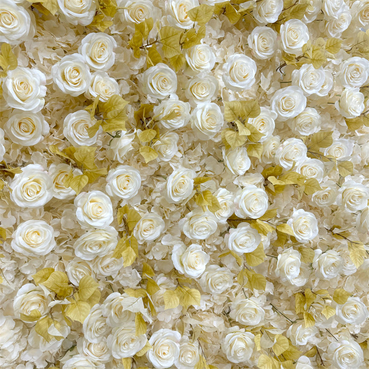 3D Light Yellow Rose and Autumn Leaves Fabric Flower Wall Wedding Backdrop ALFWL184