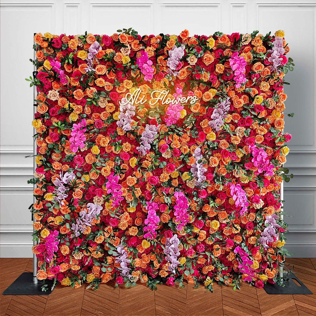 Aliflowers 3D Orange Red Rose & Orchid Flower Wall Backdrop for Wedding Party Decor