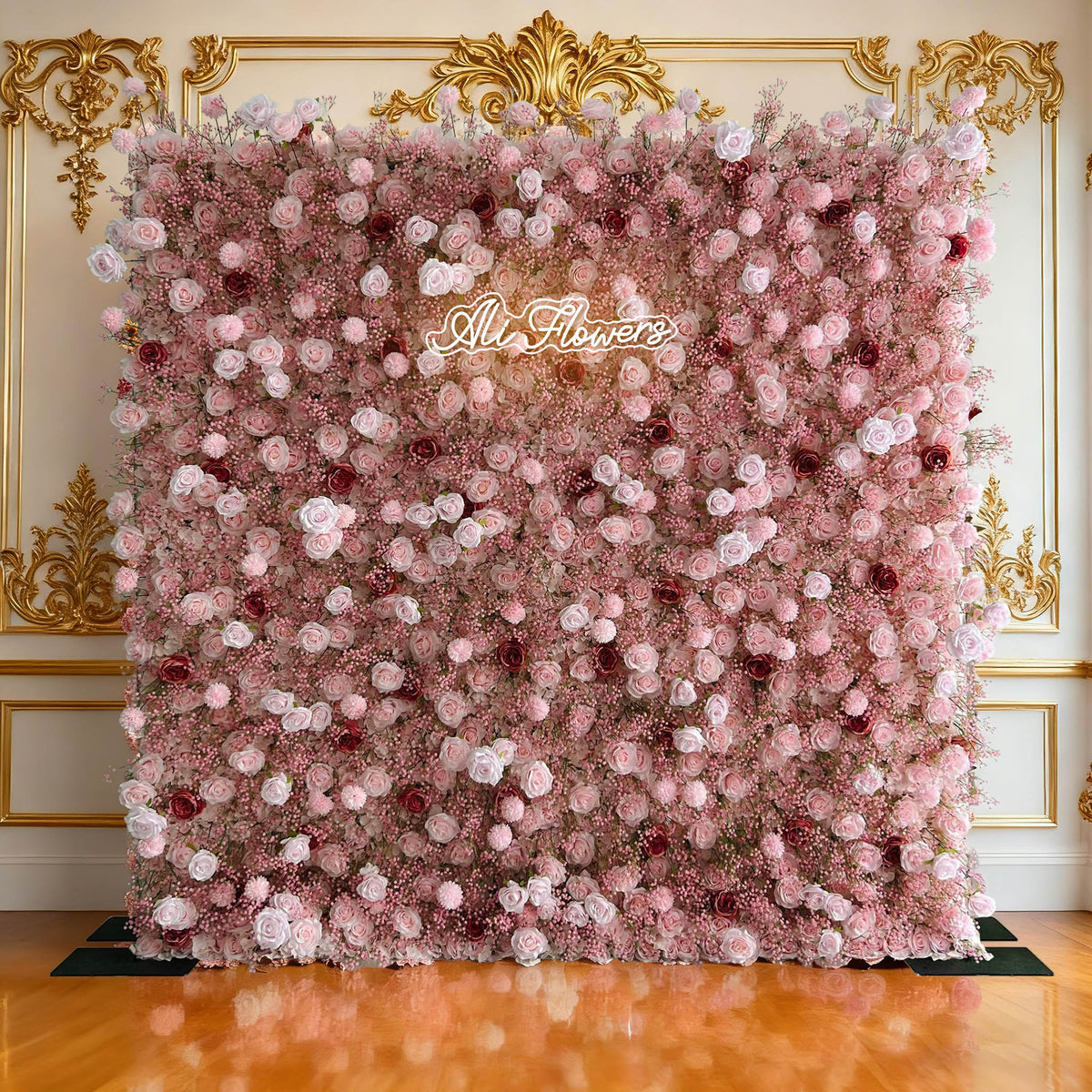 Aliflowers 3D Pink Rose and Baby's Breath Floral Fabric Wedding Backdrop Wall