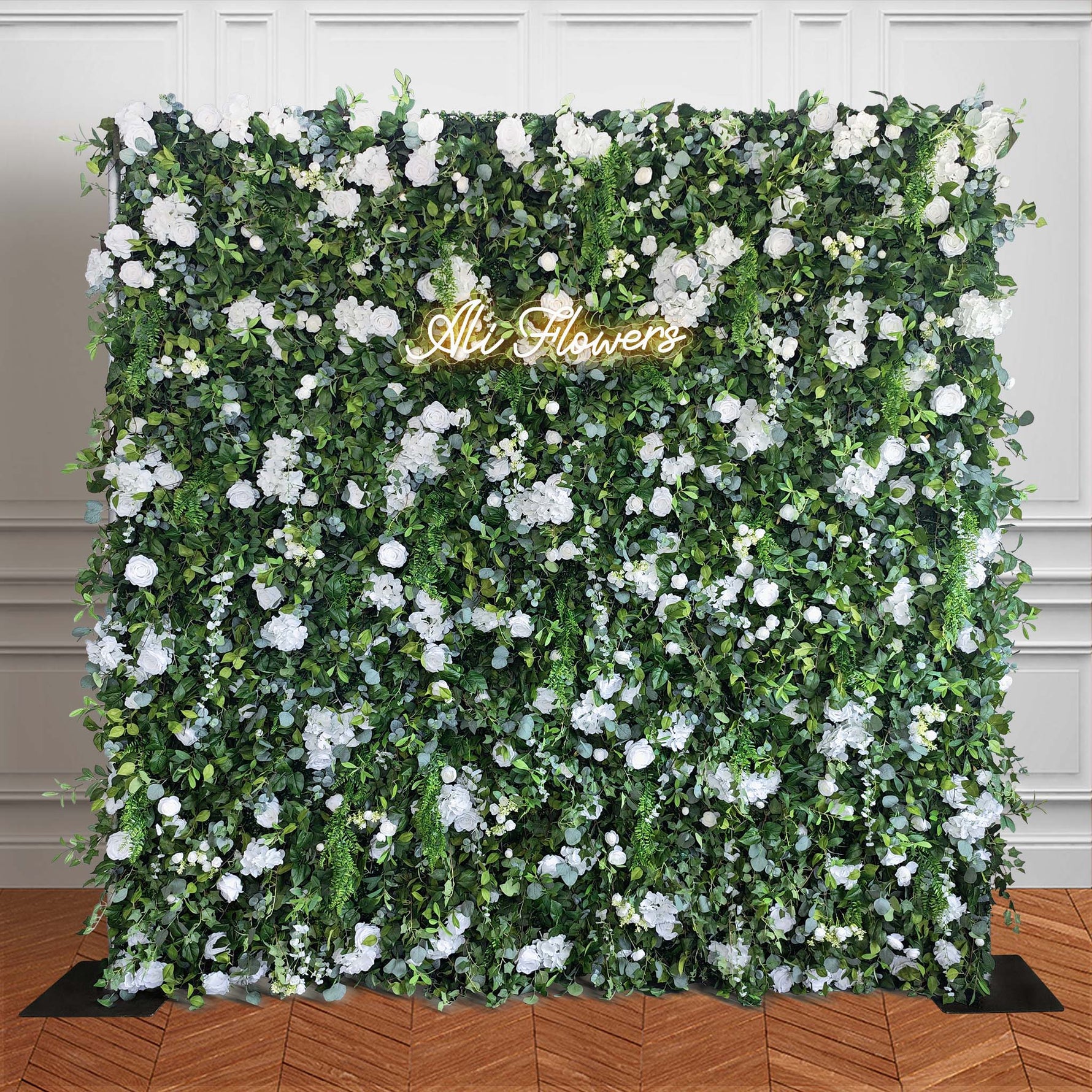 Aliflowers 3D White Rose & Green Leaf Roll-Up Flower Wall – Wedding & Party