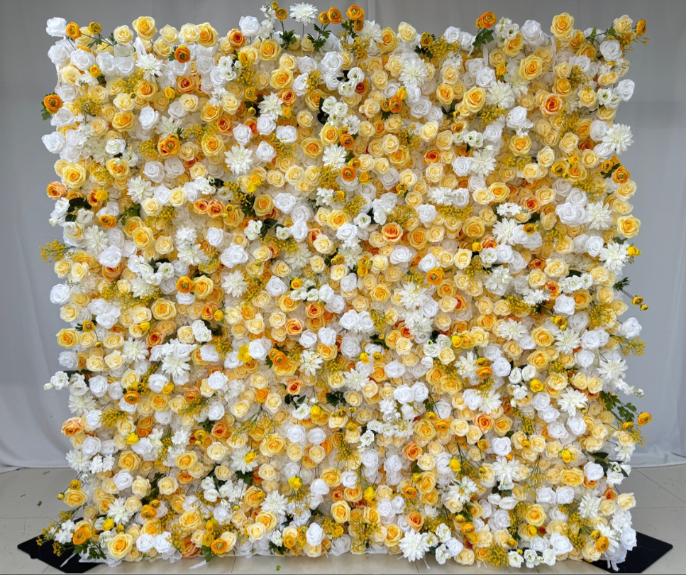 Aliflowers 3D Yellow & White Rose Fabric Roll Up Flower Wall for Wedding & Party Decor AlFWL186