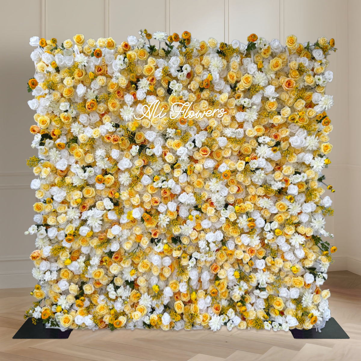 Aliflowers 3D Yellow & White Rose Fabric Roll Up Flower Wall for Wedding & Party Decor AlFWL186