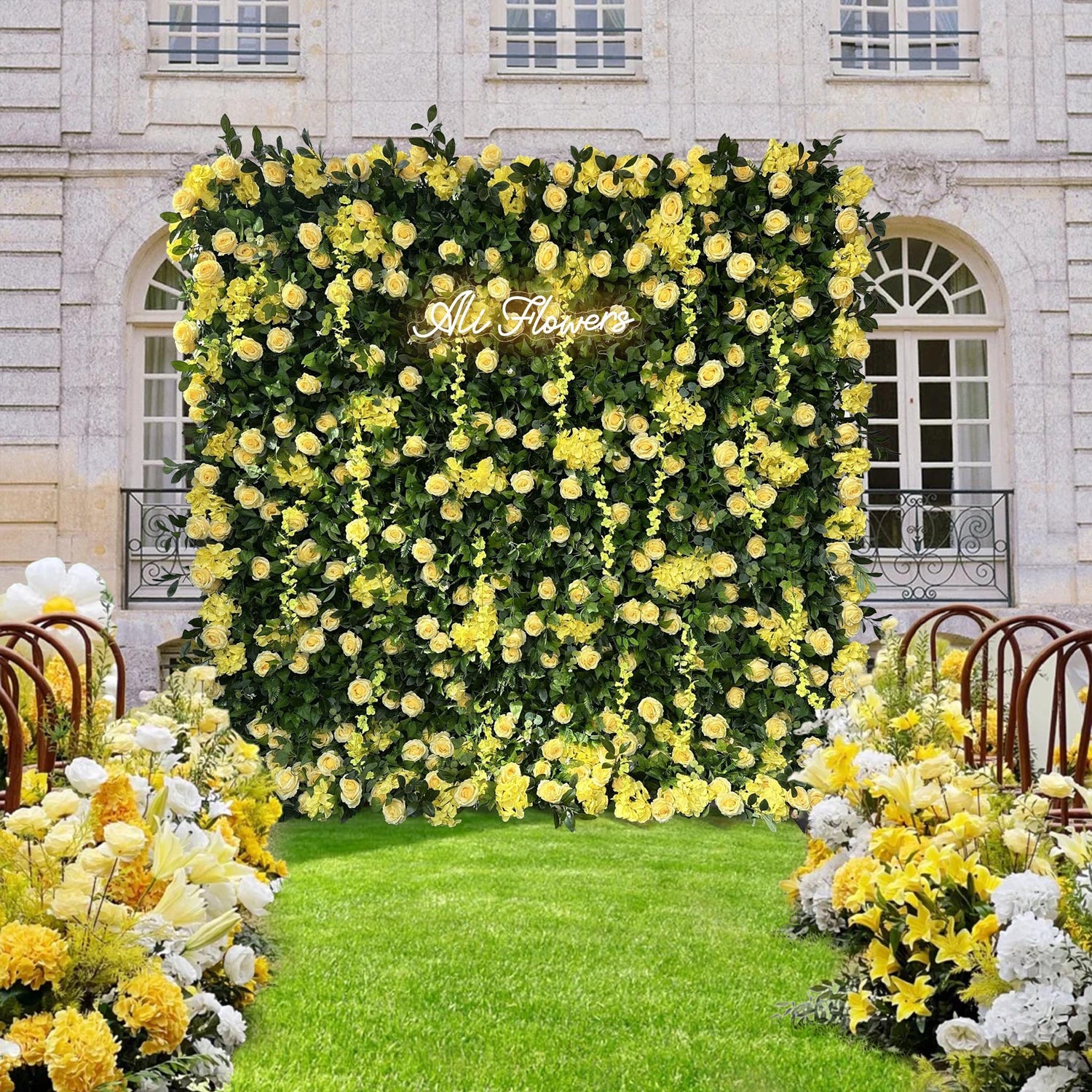 Aliflowers 5D Green Leaf and Yellow Rose Fabric Roller Flower Wall Wedding Party Backdrop