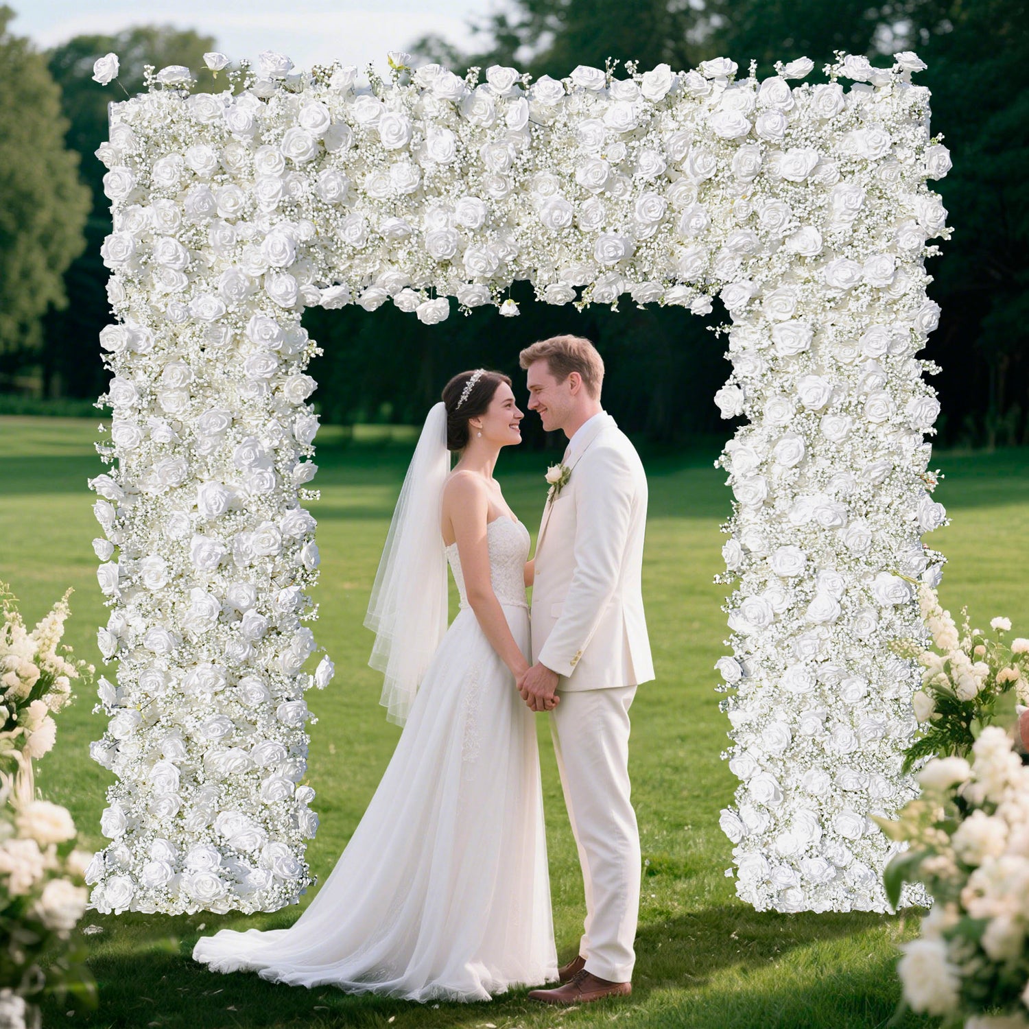 Aliflowers 5D White Rose & Baby’s Breath Fabric Artificial Flower Wall Arch Backdrop for Wedding & Party Decoration GM011