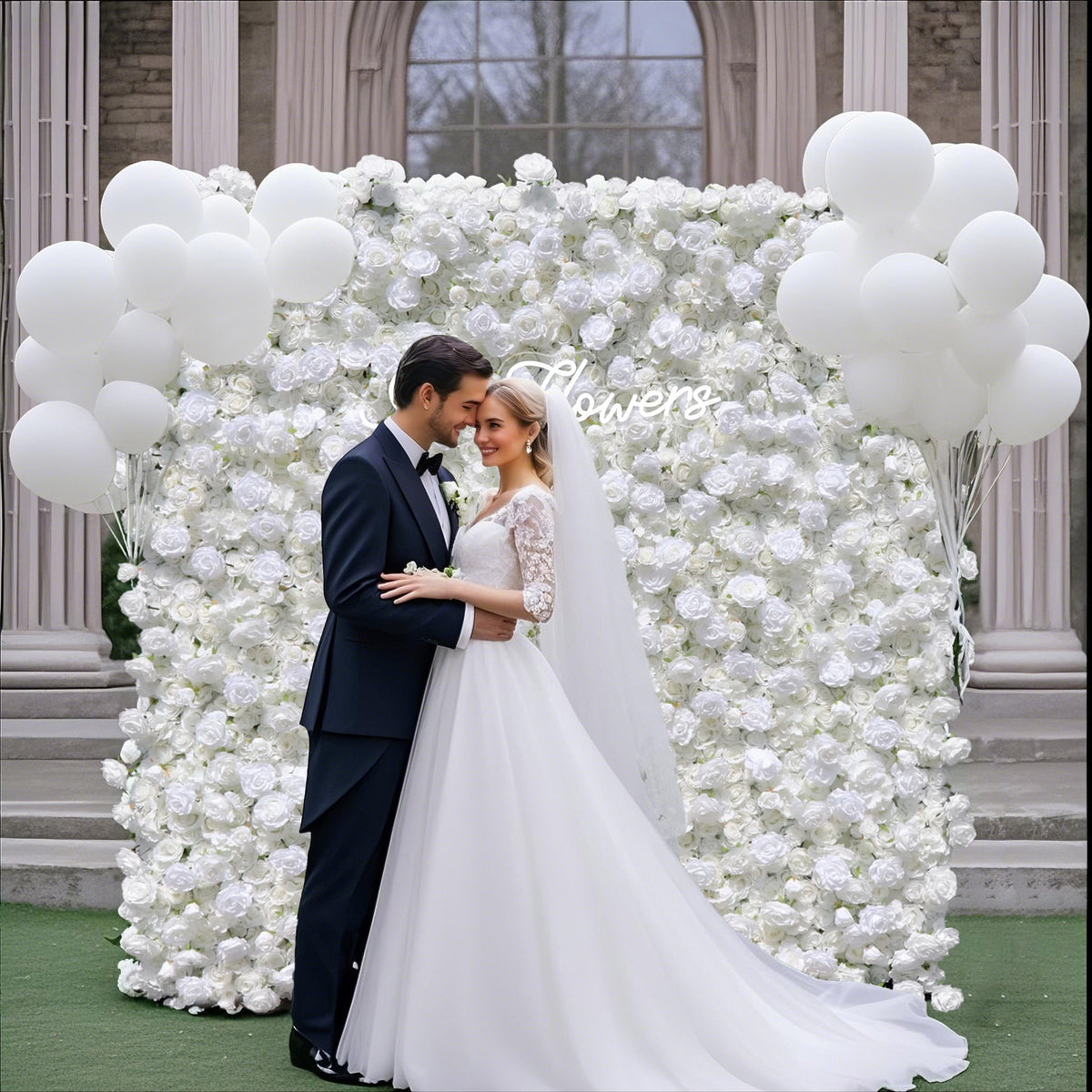 Aliflowers 5D White Rose & Hydrangea Rolling Curtain Flower Wall Backdrop ALFWL130