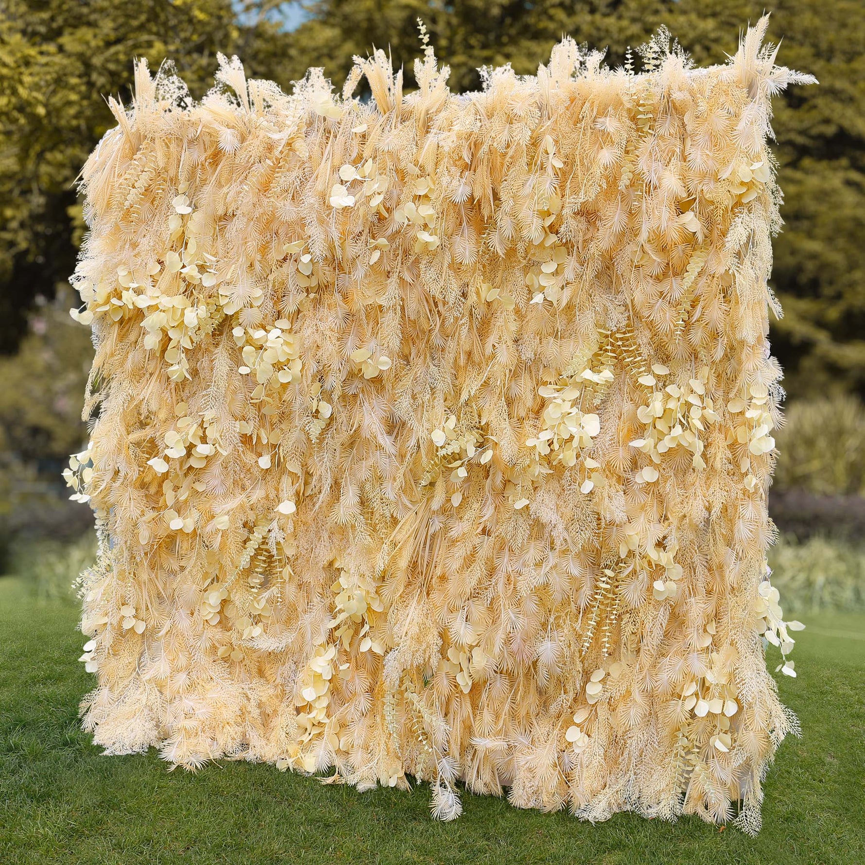 Aliflowers Artificial Handmade Dried Yellow Pampas Grass Wall for Event Party Wedding Backdrop Decor Prop ALFWL134