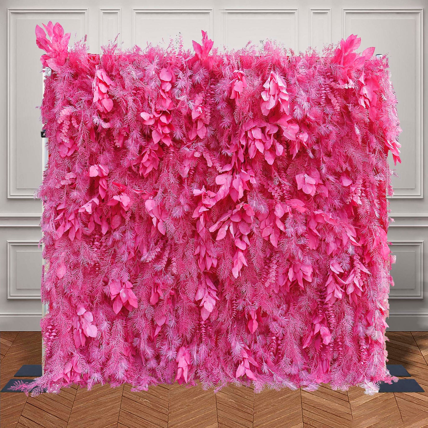 Aliflowers Hot Pink Feathered Leaf Wall – 3D Faux Floral Backdrop for Events & Weddings