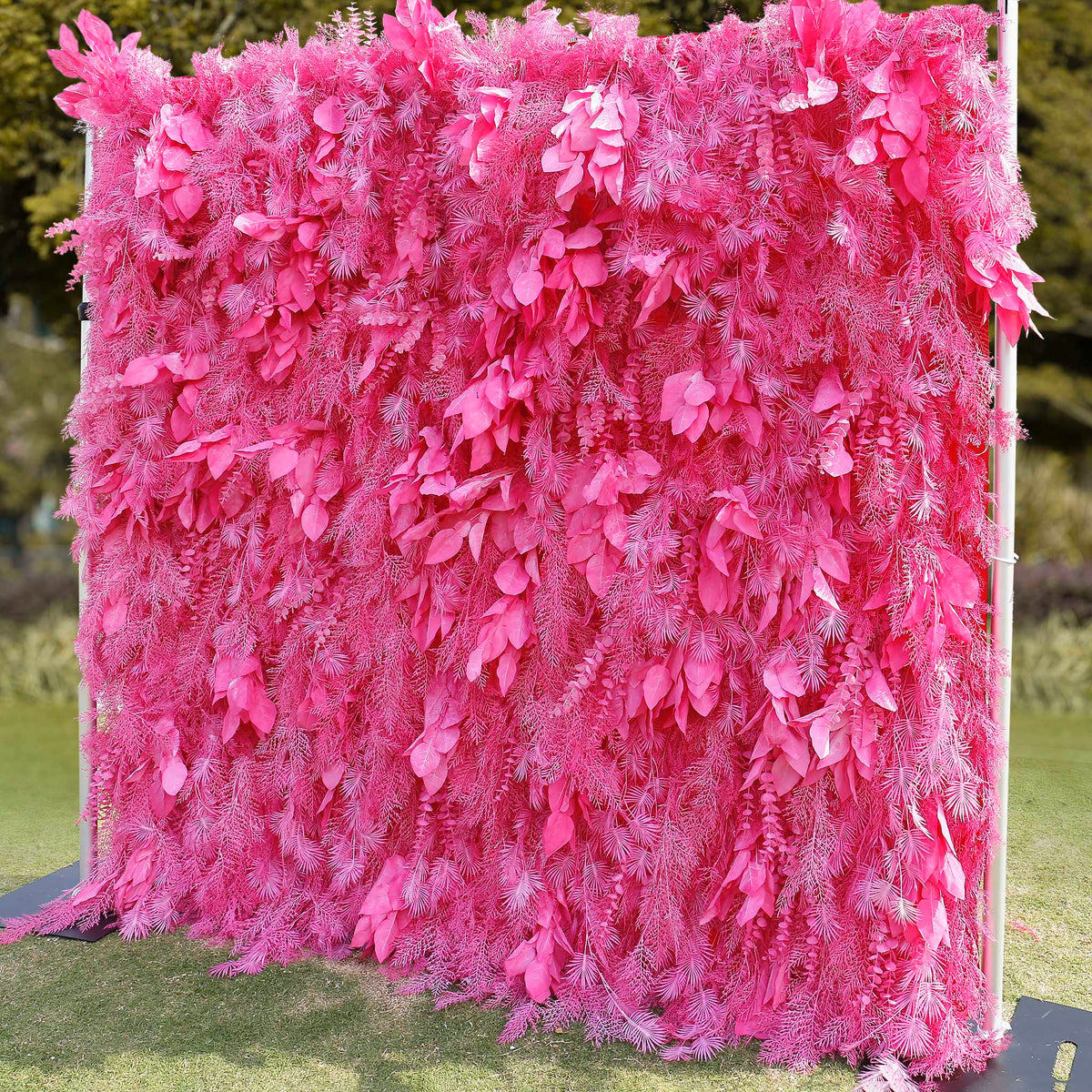 Aliflowers Hot Pink Feathered Leaf Wall – 3D Faux Floral Backdrop for Events & Weddings