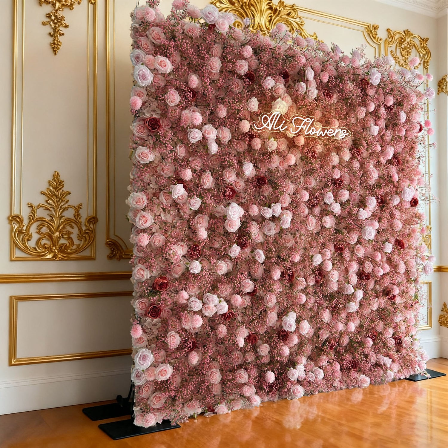 Aliflowers 3D Pink Rose and Baby's Breath Floral Fabric Wedding Backdrop Wall