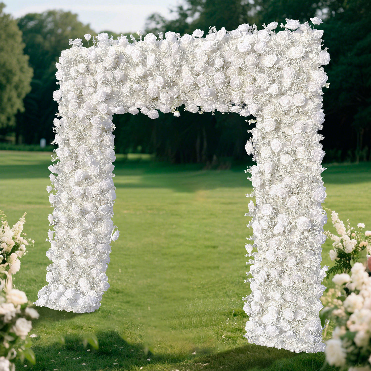 Aliflowers 5D White Rose & Baby’s Breath Fabric Artificial Flower Wall Arch Backdrop for Wedding & Party Decoration GM011