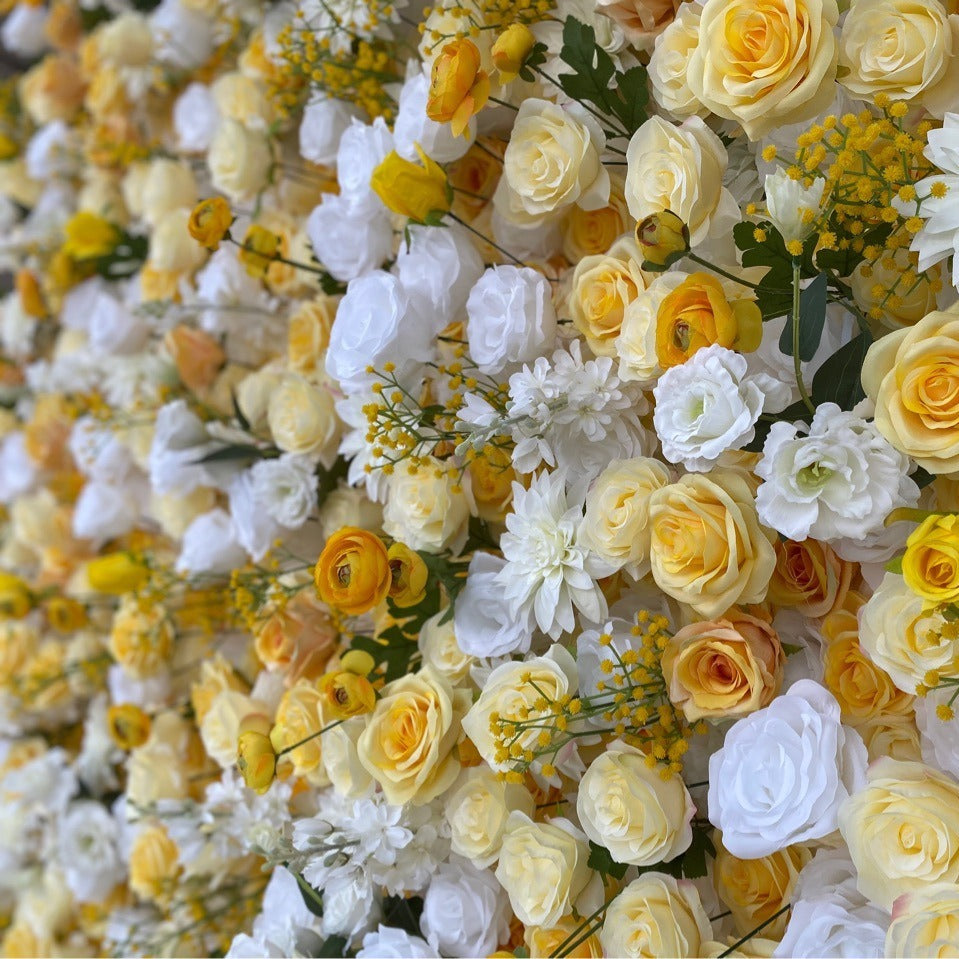 Aliflowers 3D Yellow & White Rose Fabric Roll Up Flower Wall for Wedding & Party Decor AlFWL186