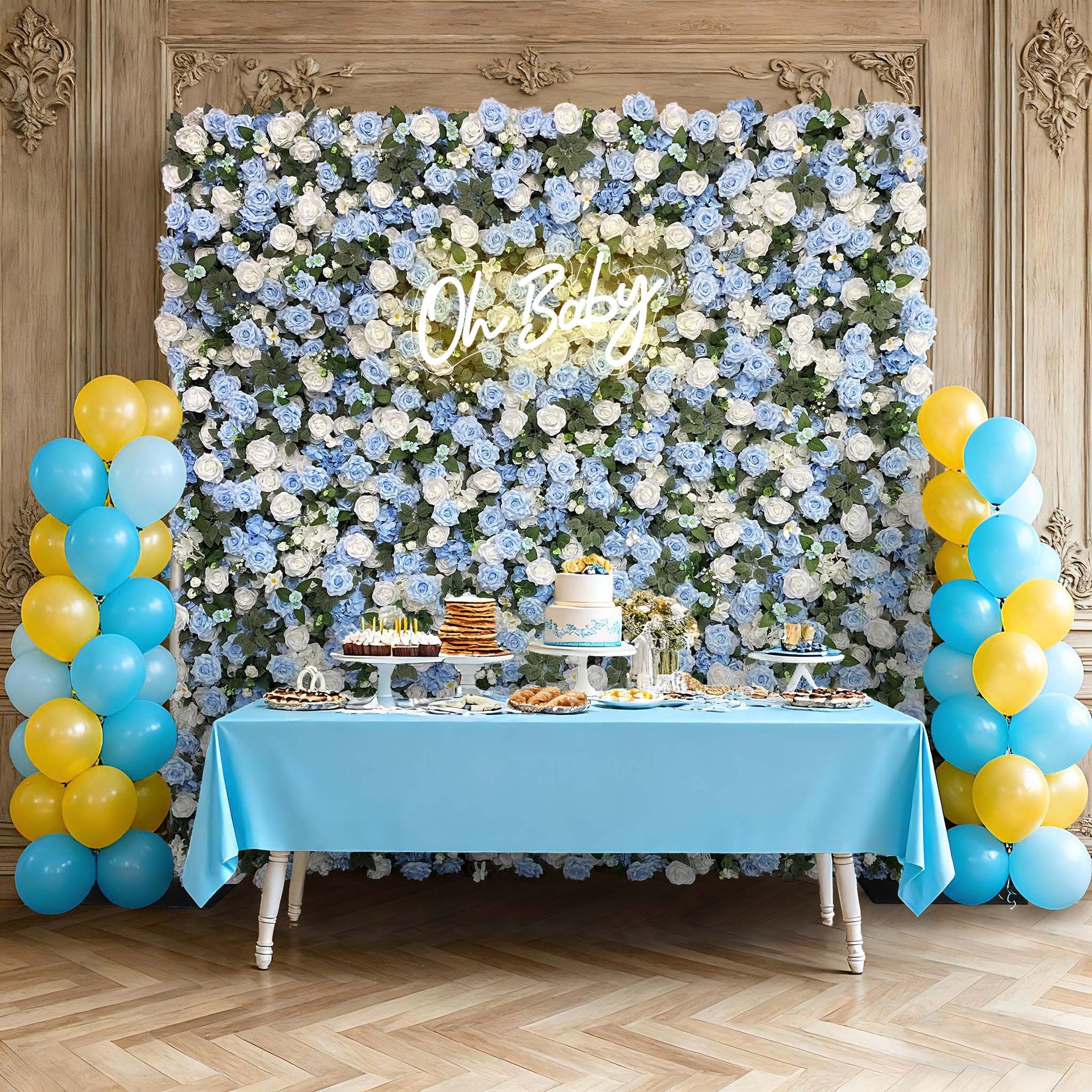 Ali Flowers LIght Blue White Rose Roll Up Silk Artificial Flower Wall Backdrop for Wedding Decoration ALFWL015 - Ali Flowers