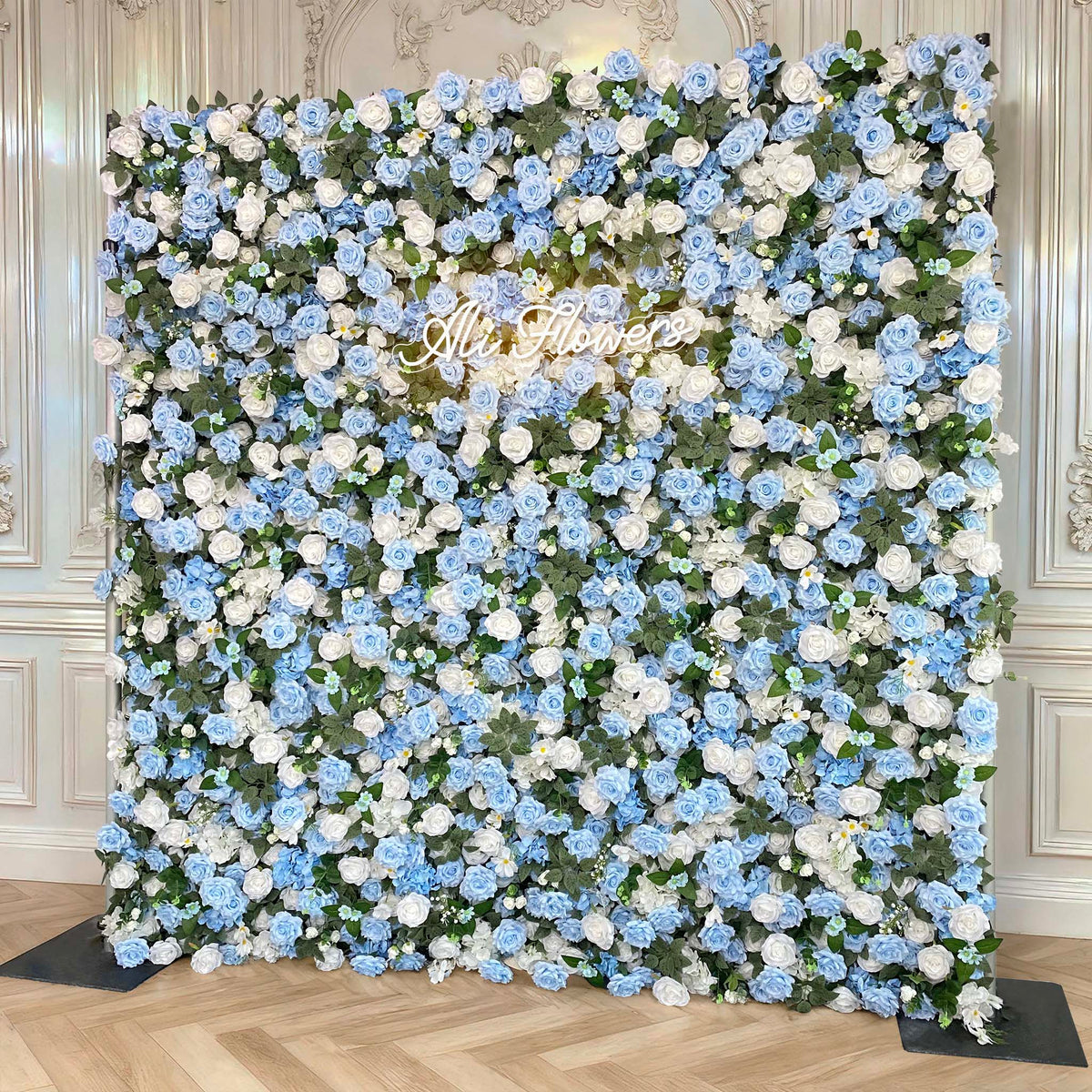 Ali Flowers LIght Blue White Rose Roll Up Silk Artificial Flower Wall Backdrop for Wedding Decoration ALFWL015 - Ali Flowers