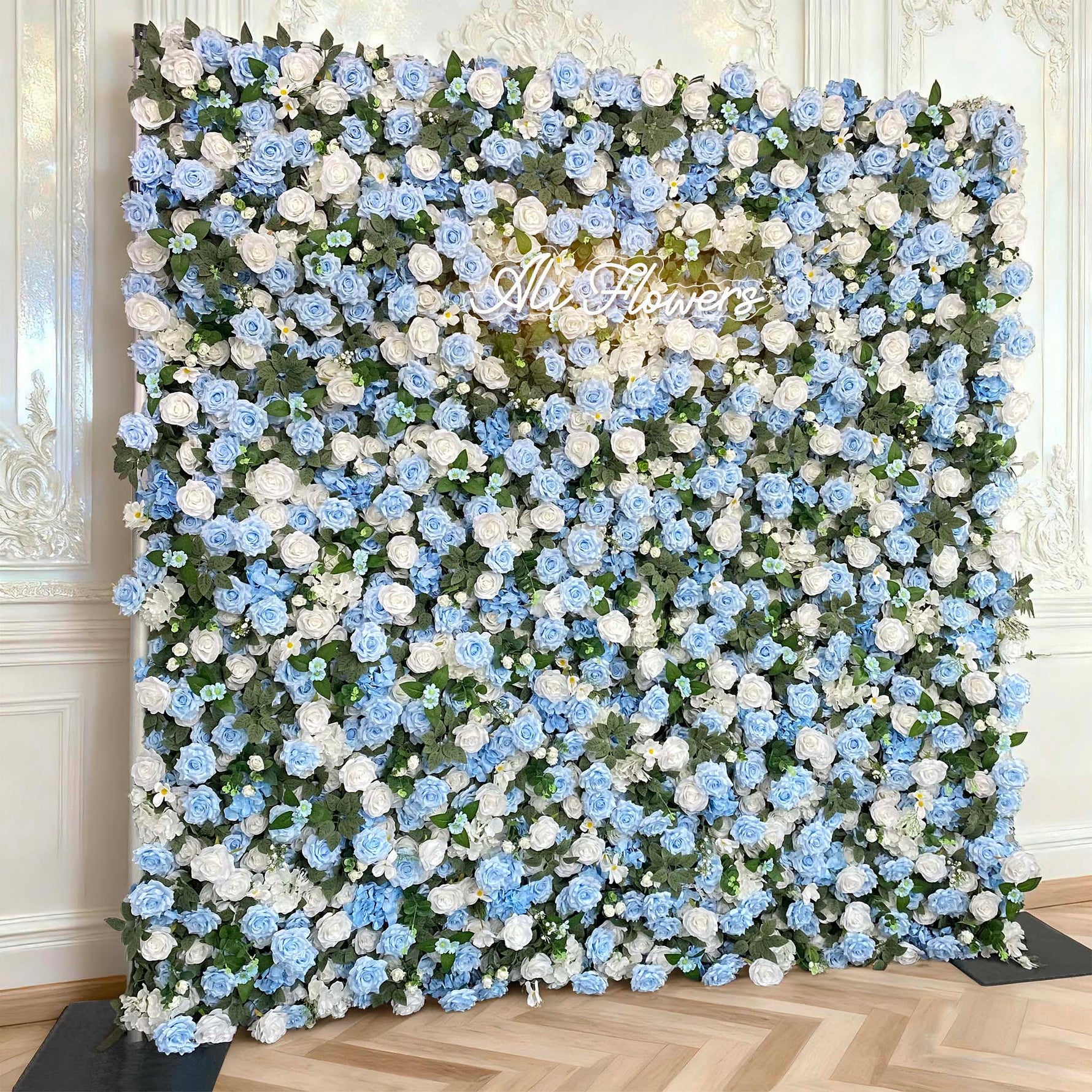 Ali Flowers LIght Blue White Rose Roll Up Silk Artificial Flower Wall Backdrop for Wedding Decoration ALFWL015 - Ali Flowers