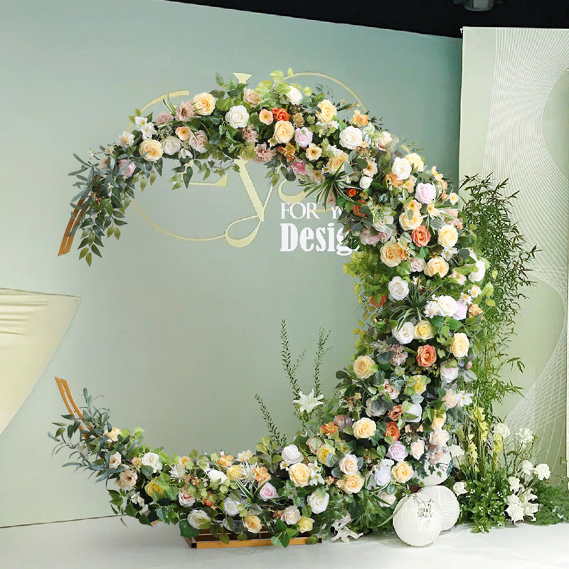 Aliflowers Colorful Artificial Flowers Arrangement Wedding Backdrop Moon-Shaped Arch Frame Decorations For Reception Flower Stand ALFAM001 - Ali Flowers