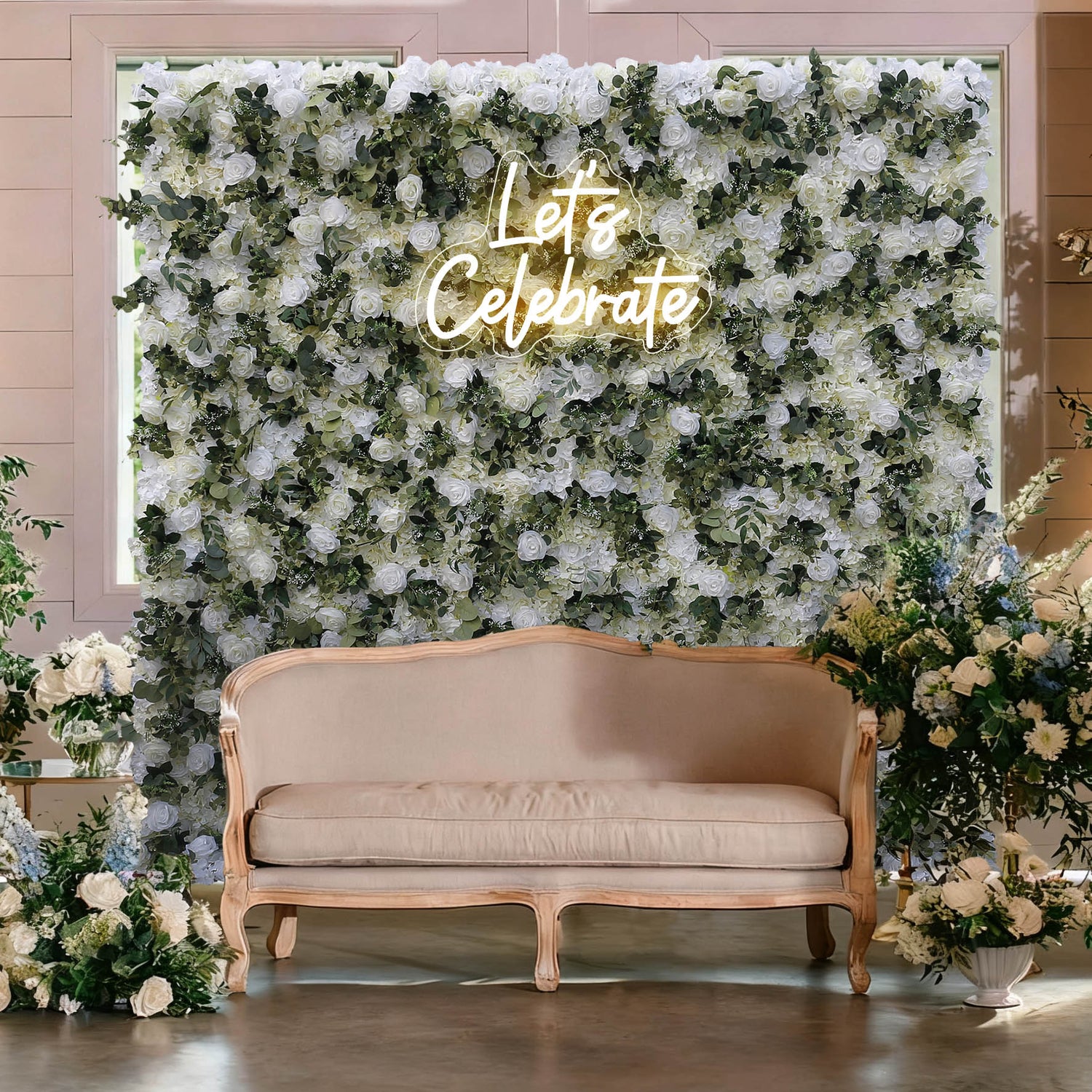 Aliflowers Cream Rose with Green Leaves Wall of Flower Wedding Backdrop ALFWL138- Ali Flowers