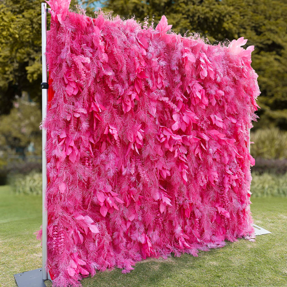 Aliflowers Hot Pink Feathered Leaf Wall – 3D Faux Floral Backdrop for Events & Weddings