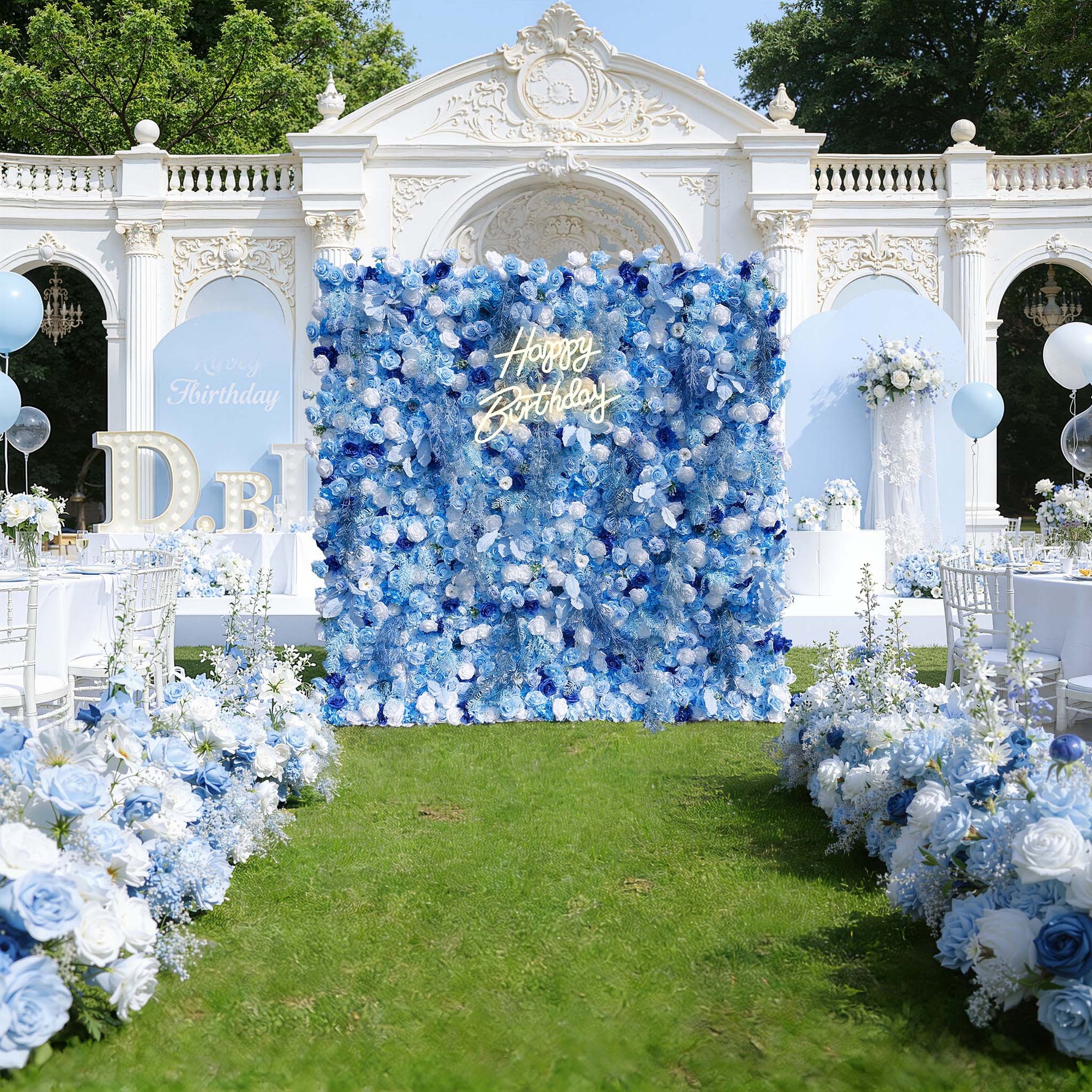 Blue Flowers with White Mist Grass 5D Artificial Floral Wall for Wedding ALFWL034 - Ali Flowers