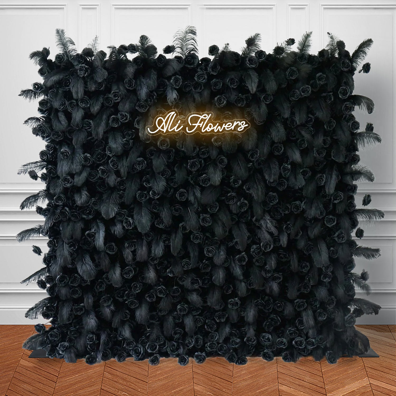 Ali Flowers 5D Luxury Real Black Ostrich Feather Rose Flower Wall for Wedding Stage Decor ALFWL023 - Ali Flowers