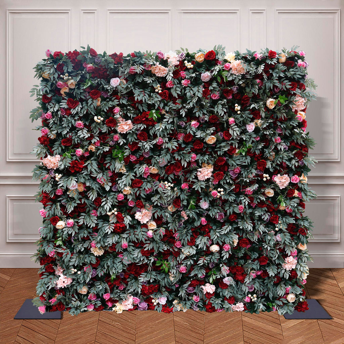 Aliflowers Red Rose with Green Plant Wedding Fabric Flower Wall ALFWL062 - Ali Flowers