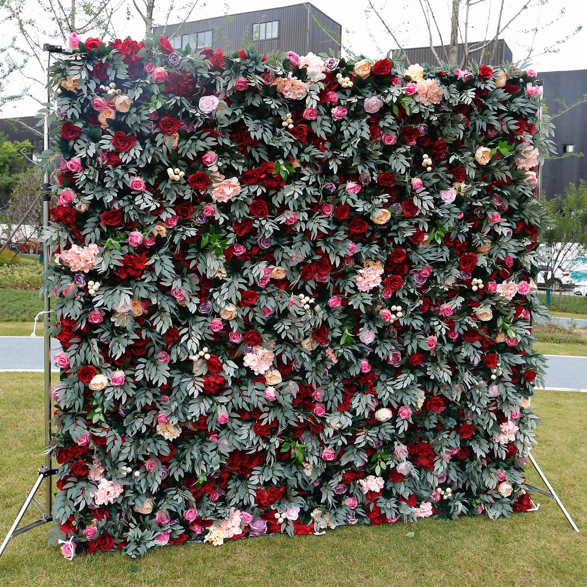 Aliflowers Red Rose with Green Plant Wedding Fabric Flower Wall ALFWL062 - Ali Flowers
